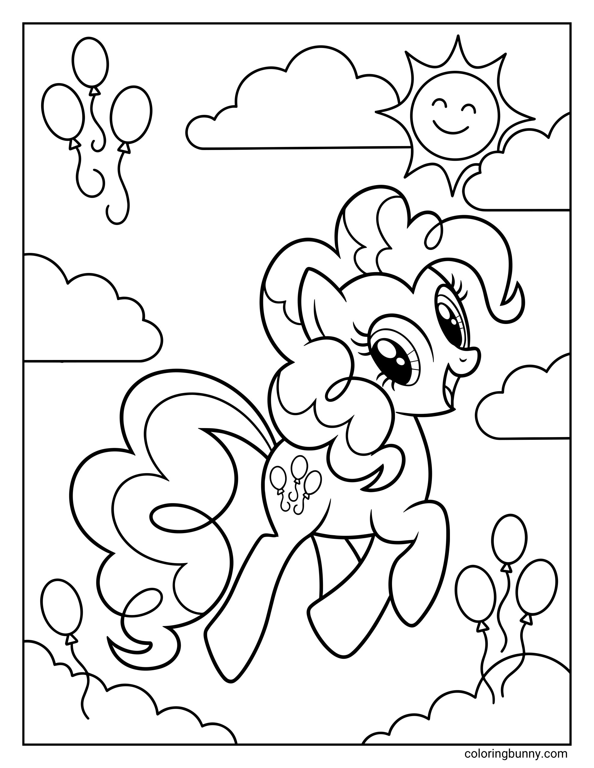 A coloring page of Pinkie Pie from My Little Pony prancing in the sky with balloons and a smiling sun. Her cutie mark of three balloons is clearly visible.