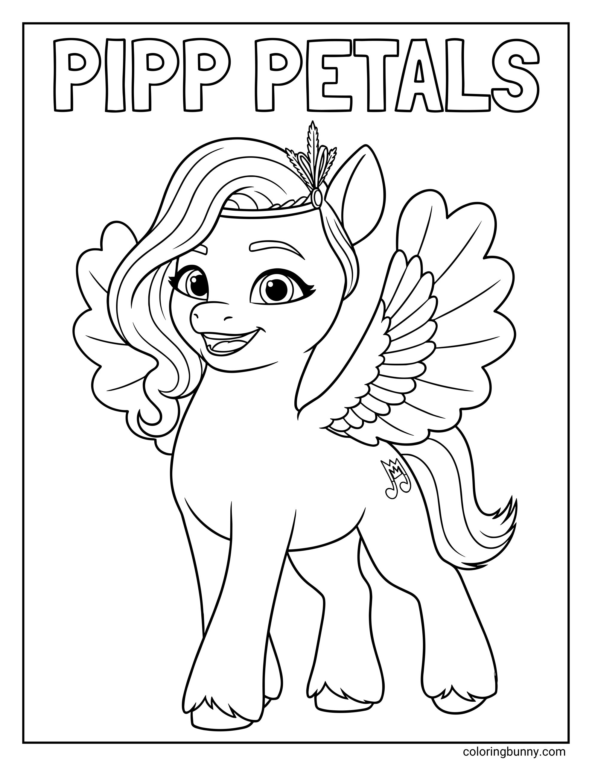 My Little Pony Pipp Petals coloring page featuring the stylish Pegasus princess. The image displays Pipp smiling with her wings spread wide, wearing a royal crown and showing off her musical note cutie mark under large text reading "PIPP PETALS."