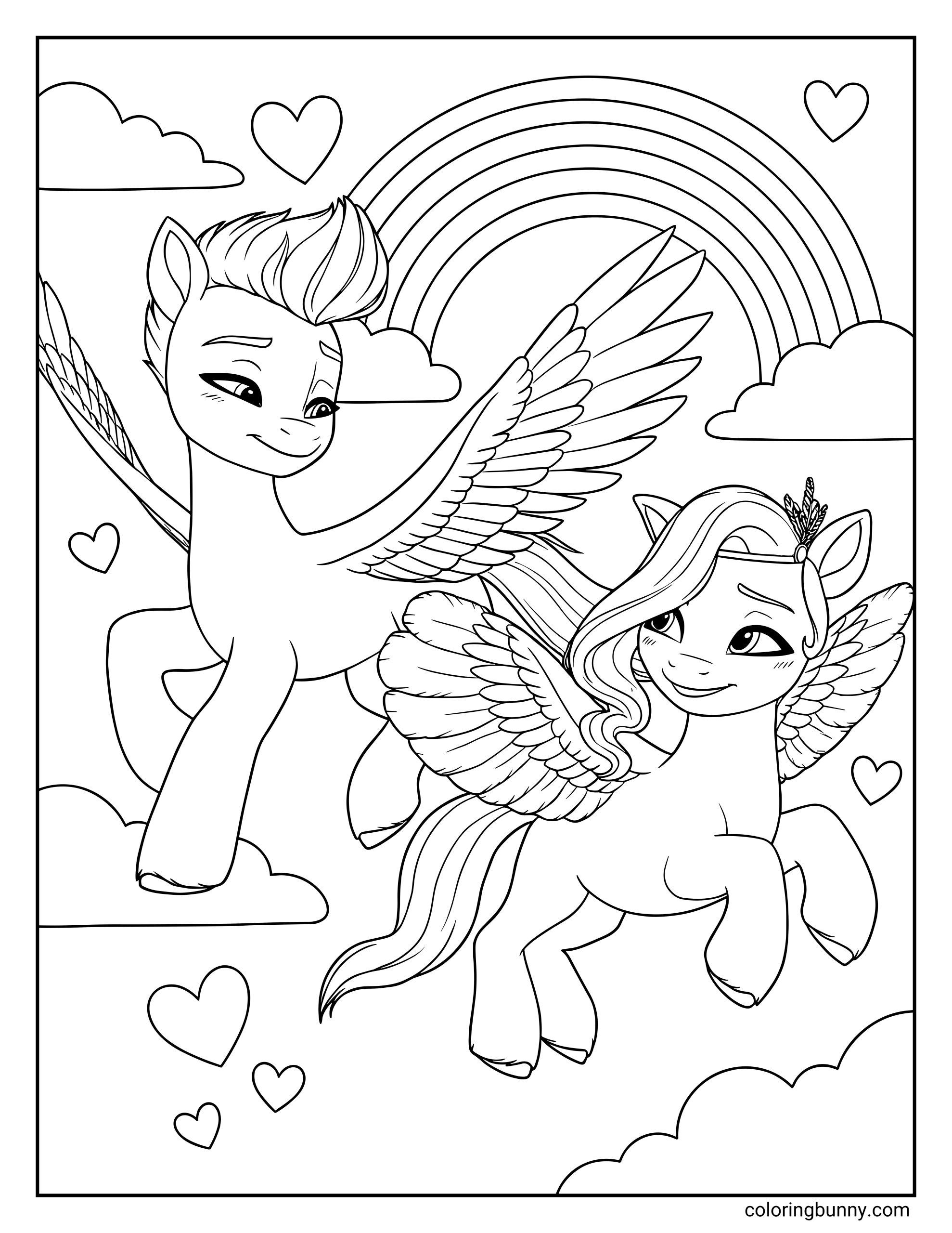My Little Pony Pipp Petals and Zipp Storm coloring page showing two winged ponies flying among clouds and hearts under a large rainbow sky and smiling with wings spread.