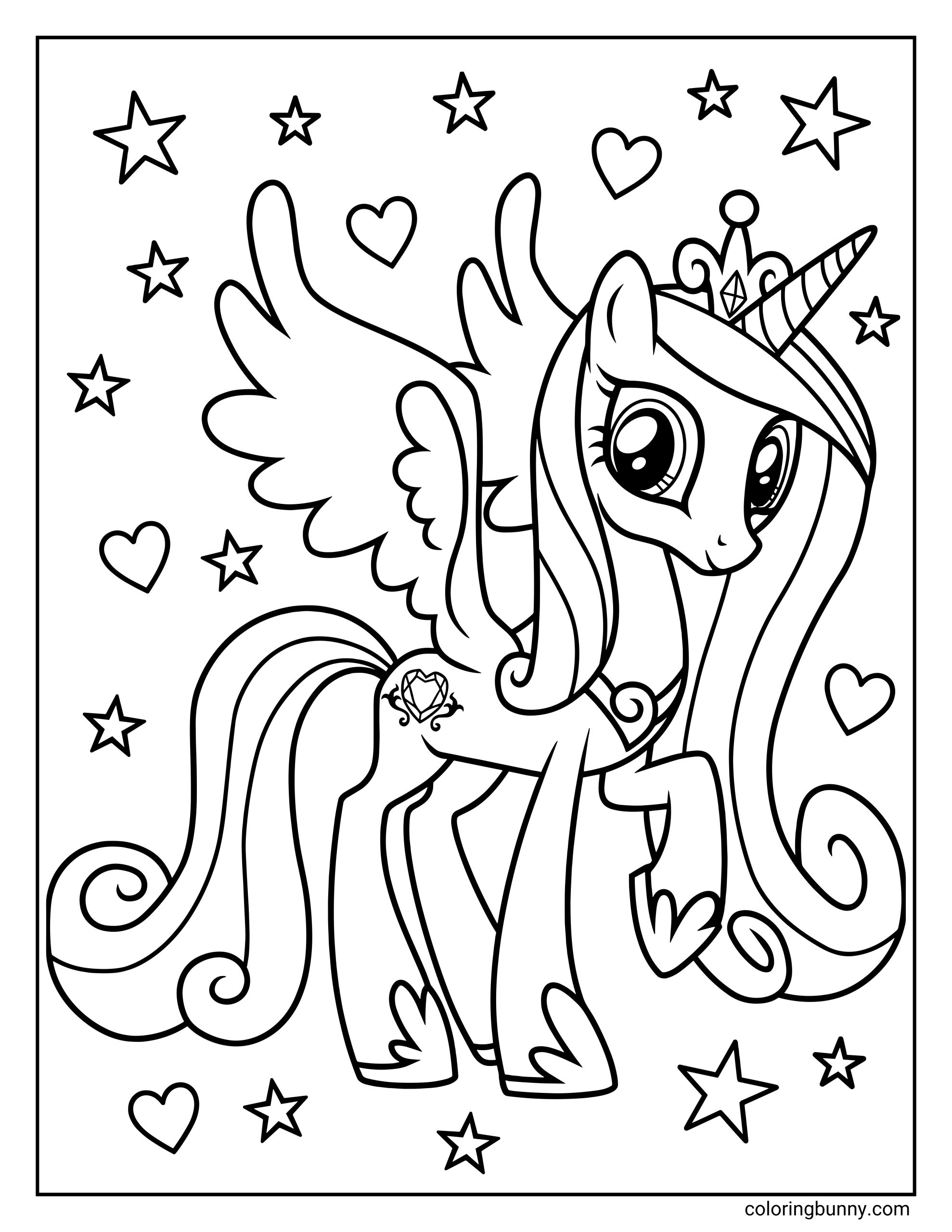 A My Little Pony coloring page of Princess Cadance, the winged unicorn with a crystal heart cutie mark, flying amongst scattered hearts and stars.