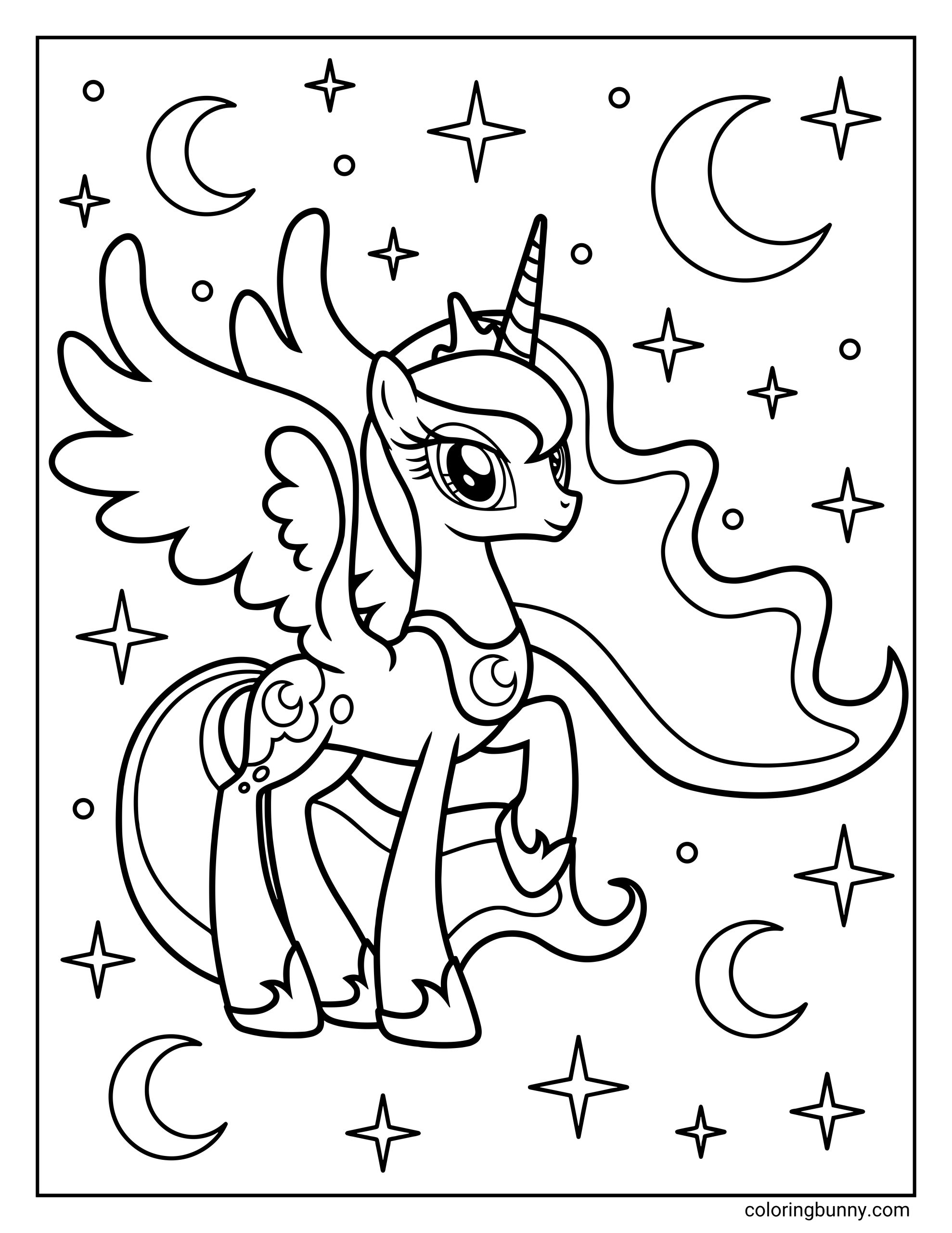 A My Little Pony coloring page of Princess Luna, the alicorn of the night, surrounded by crescent moons and twinkling stars. She wears her royal crown and moon-symbol necklace.