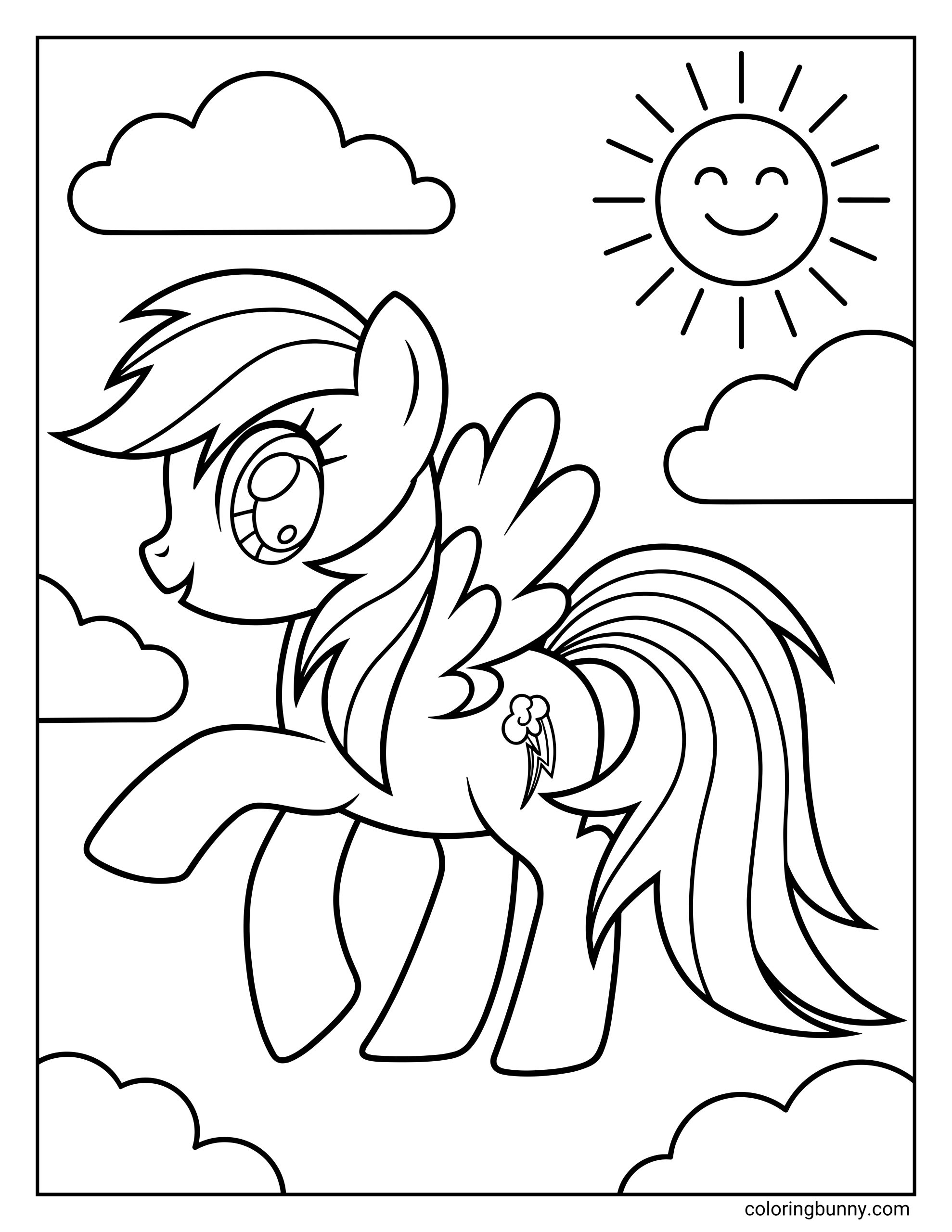 A My Little Pony coloring page of Rainbow Dash striking a confident pose under a smiling sun and fluffy clouds.