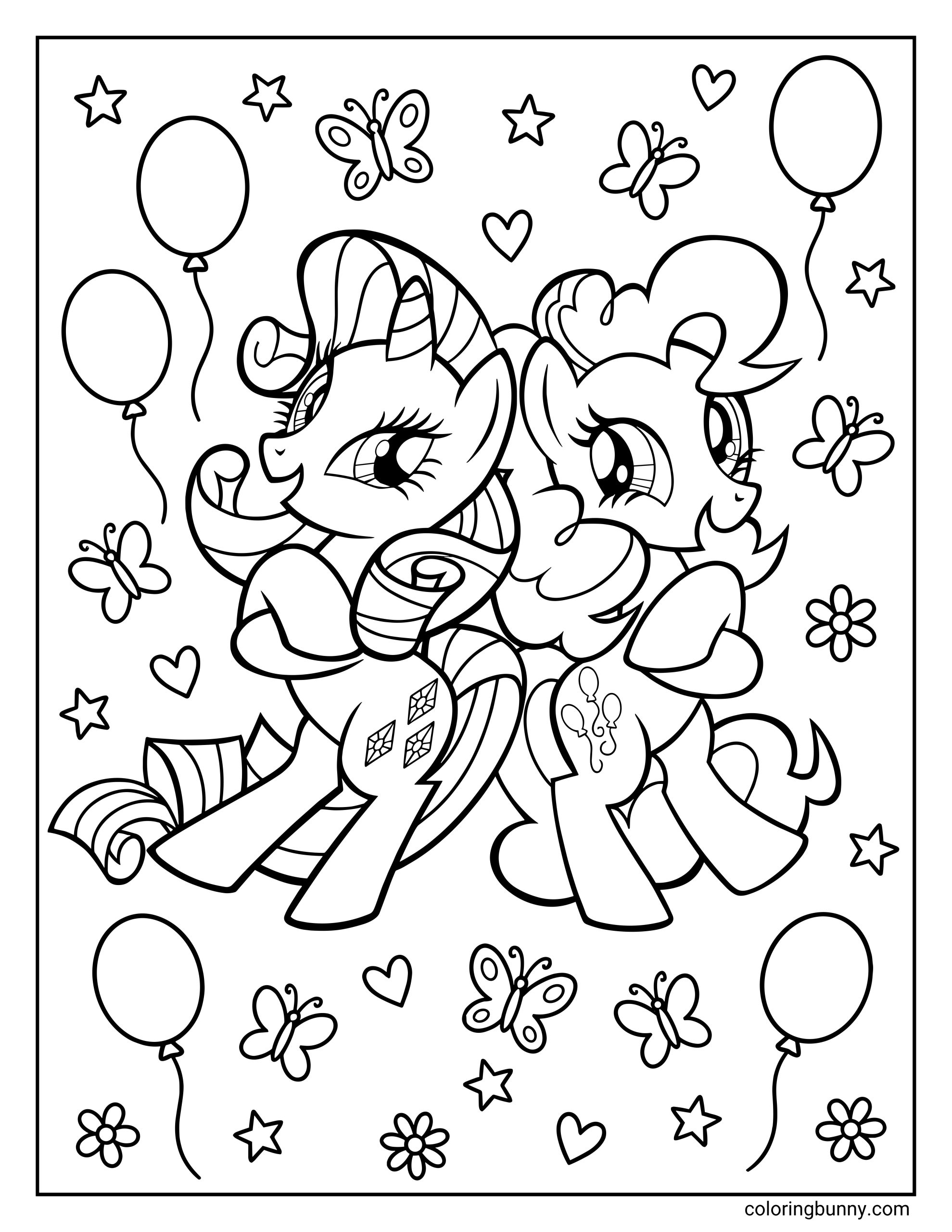 My Little Pony Rarity and Pinkie Pie coloring page featuring the Unicorn and Earth Pony standing back-to-back. The image displays the characters smiling at each other surrounded by butterflies, stars, flowers, and floating balloons.