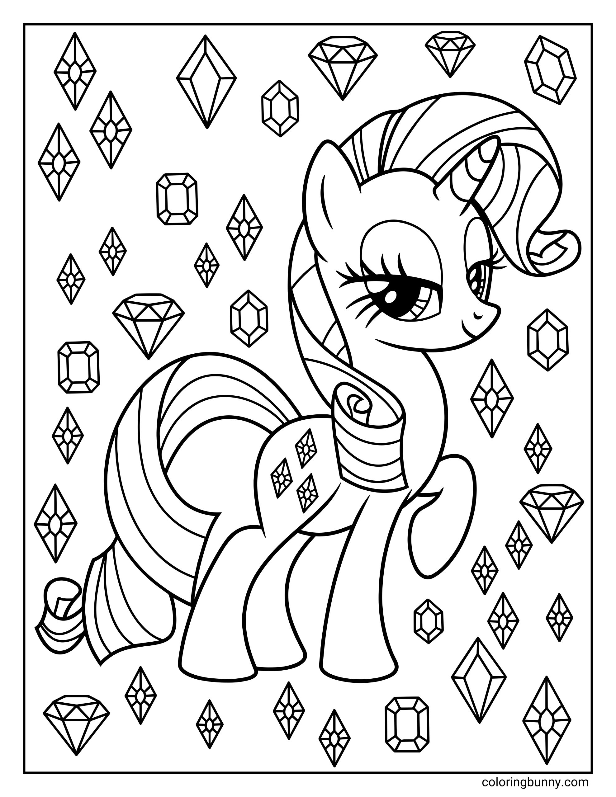 A coloring page of the unicorn Rarity from My Little Pony posing elegantly surrounded by various floating diamonds and gemstones.