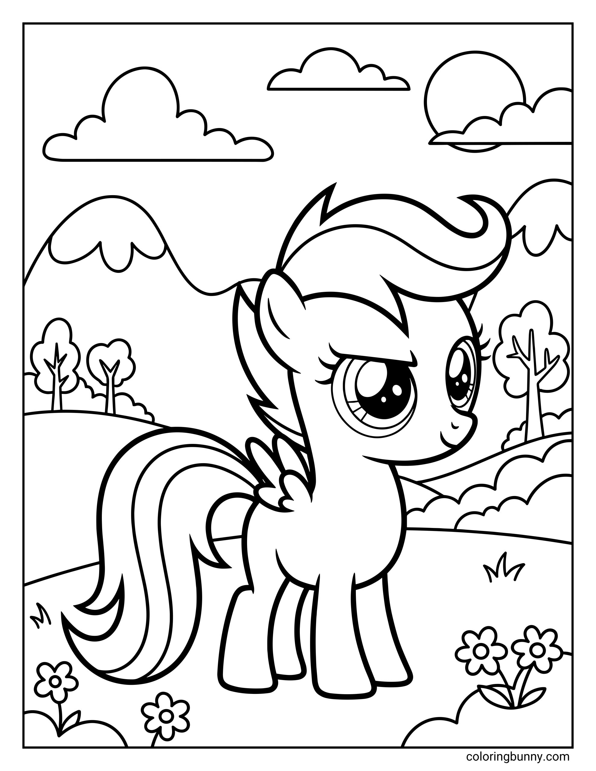 A cute My Little Pony coloring page of the small pegasus Scootaloo standing confidently in a grassy field with mountains and trees in the background.