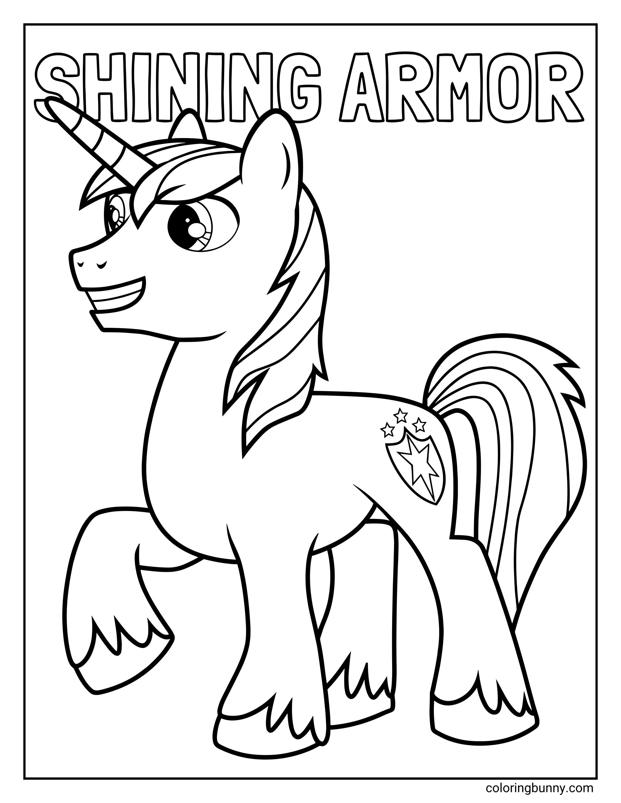 A coloring page of Shining Armor from My Little Pony standing proudly with his name written in large letters above him. His shield cutie mark is clearly visible on his flank.