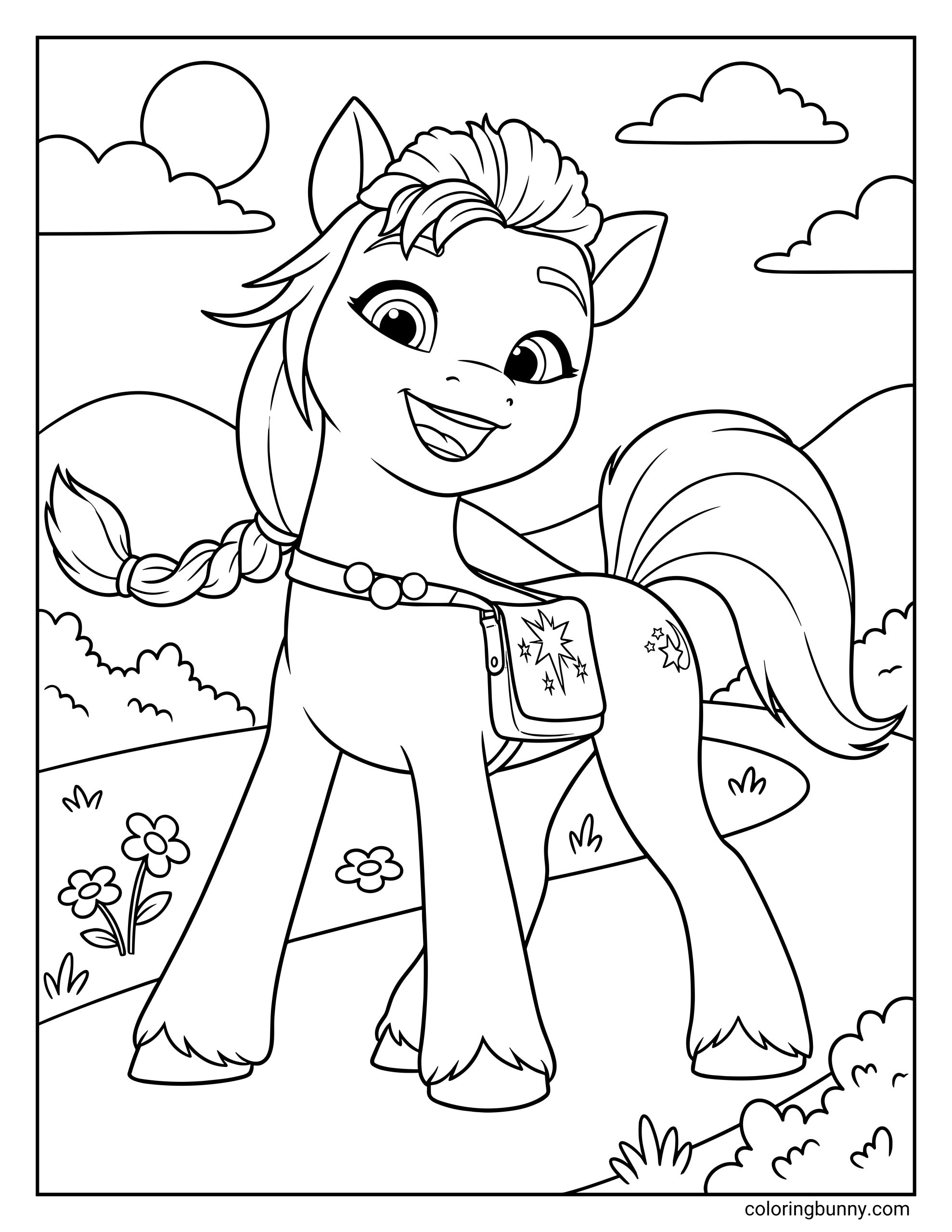 My Little Pony Sunny Starscout coloring page featuring the Gen 5 main character standing confidently on a nature path. This printable sheet shows Sunny smiling with her braided mane and star-patterned saddlebag, set against a background of rolling hills and a bright sun.