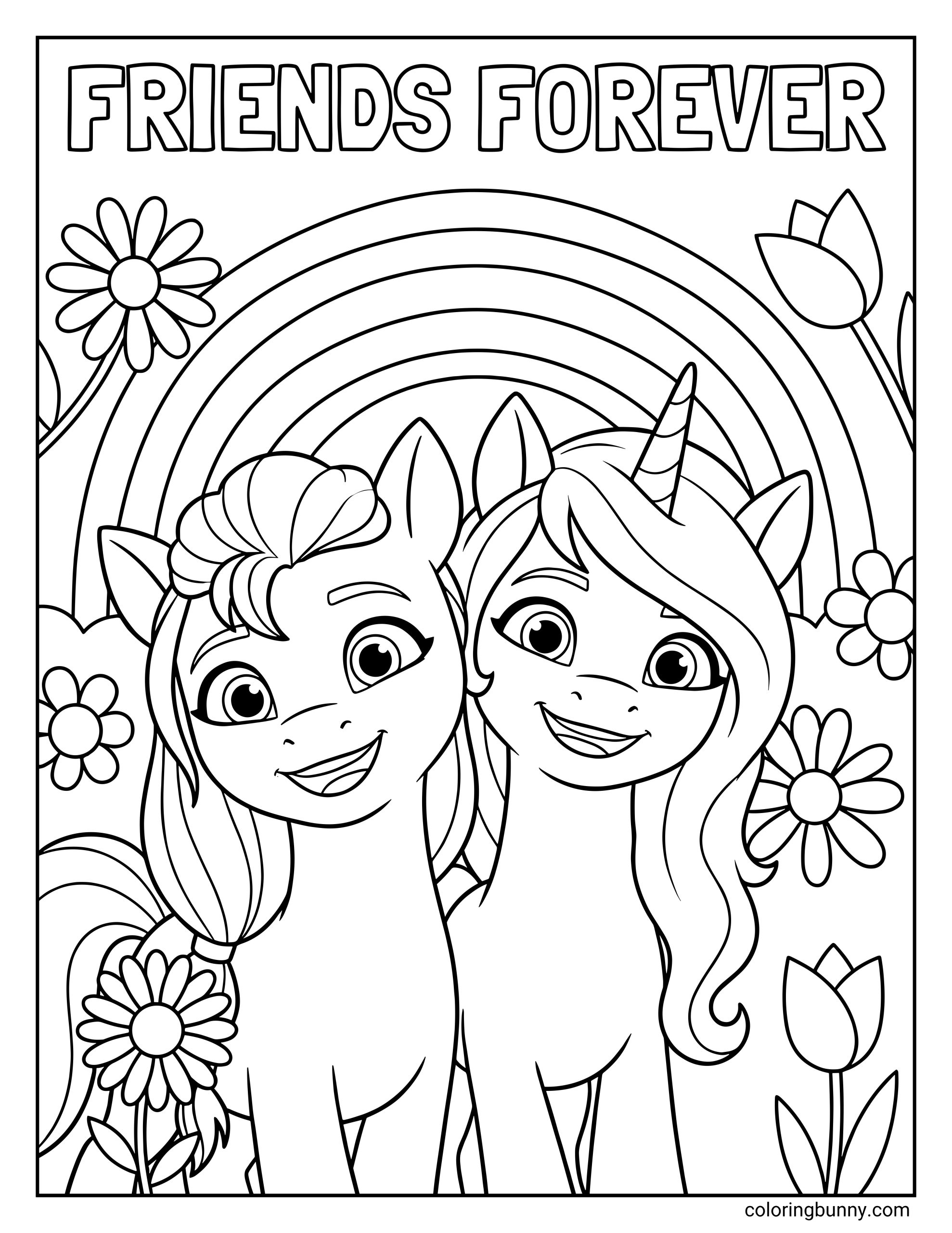 My Little Pony Sunny Starscout and Izzy Moonbow friends forever coloring page smiling together under rainbow with flowers black and white line art printable