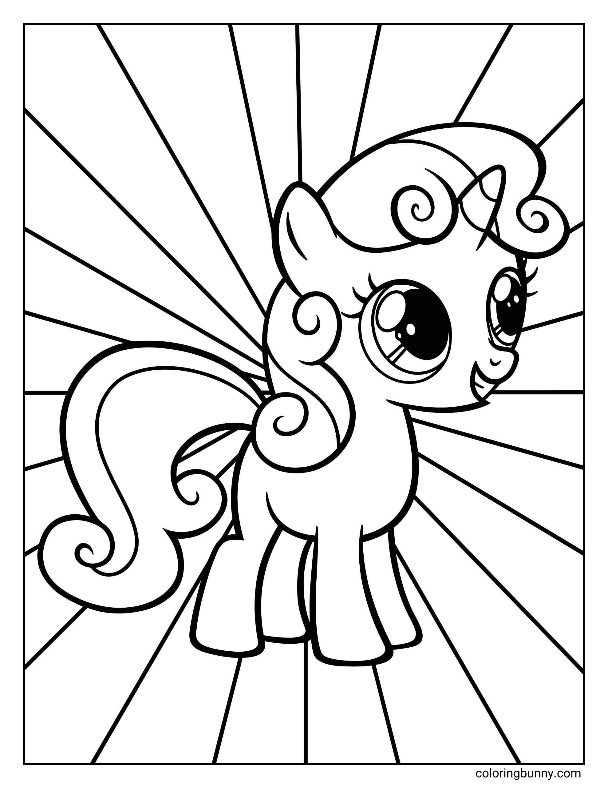 A My Little Pony coloring page of Sweetie Belle smiling brightly against a dynamic starburst background.