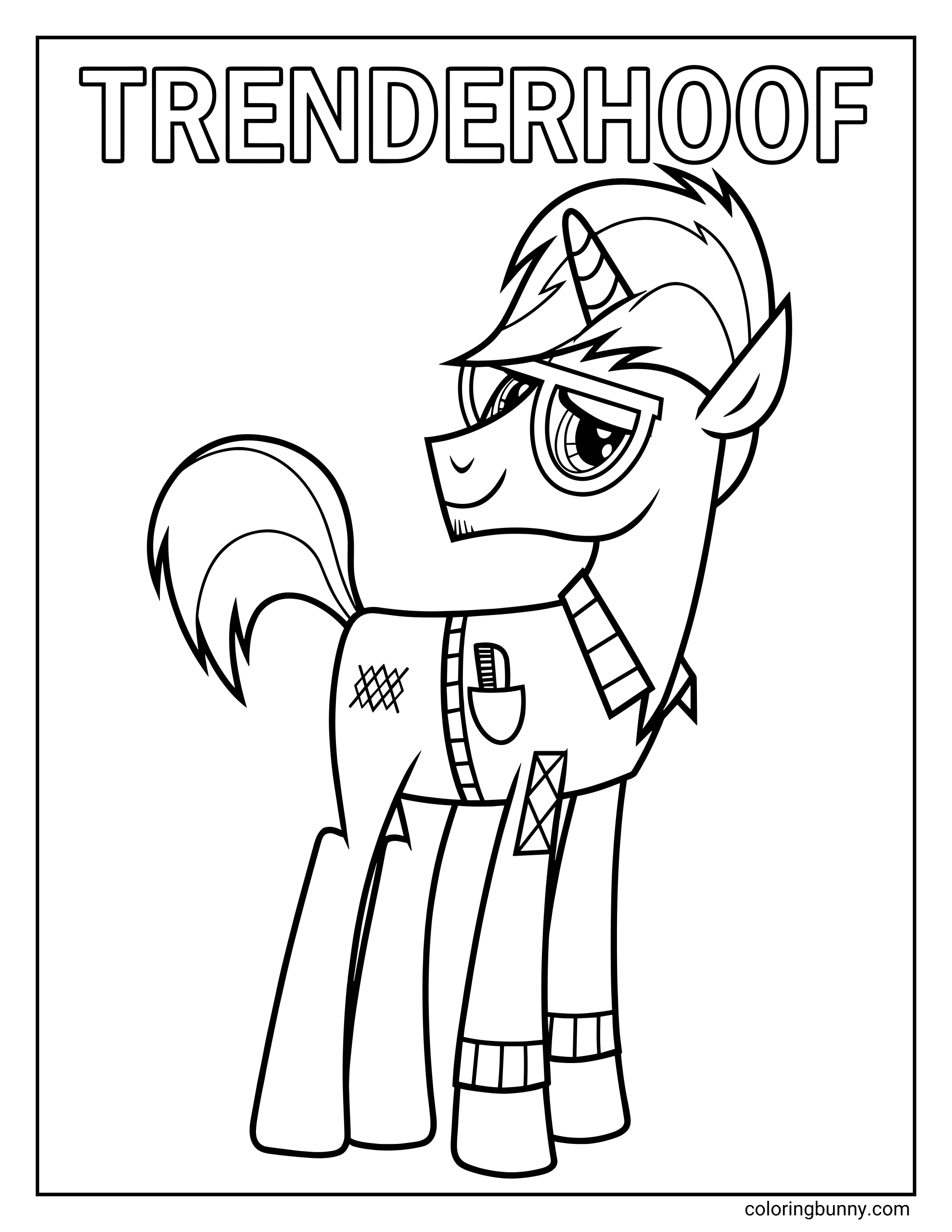 A MLP coloring page of unicorn Trenderhoof wearing glasses and a sweater, with his name written in large letters above him.