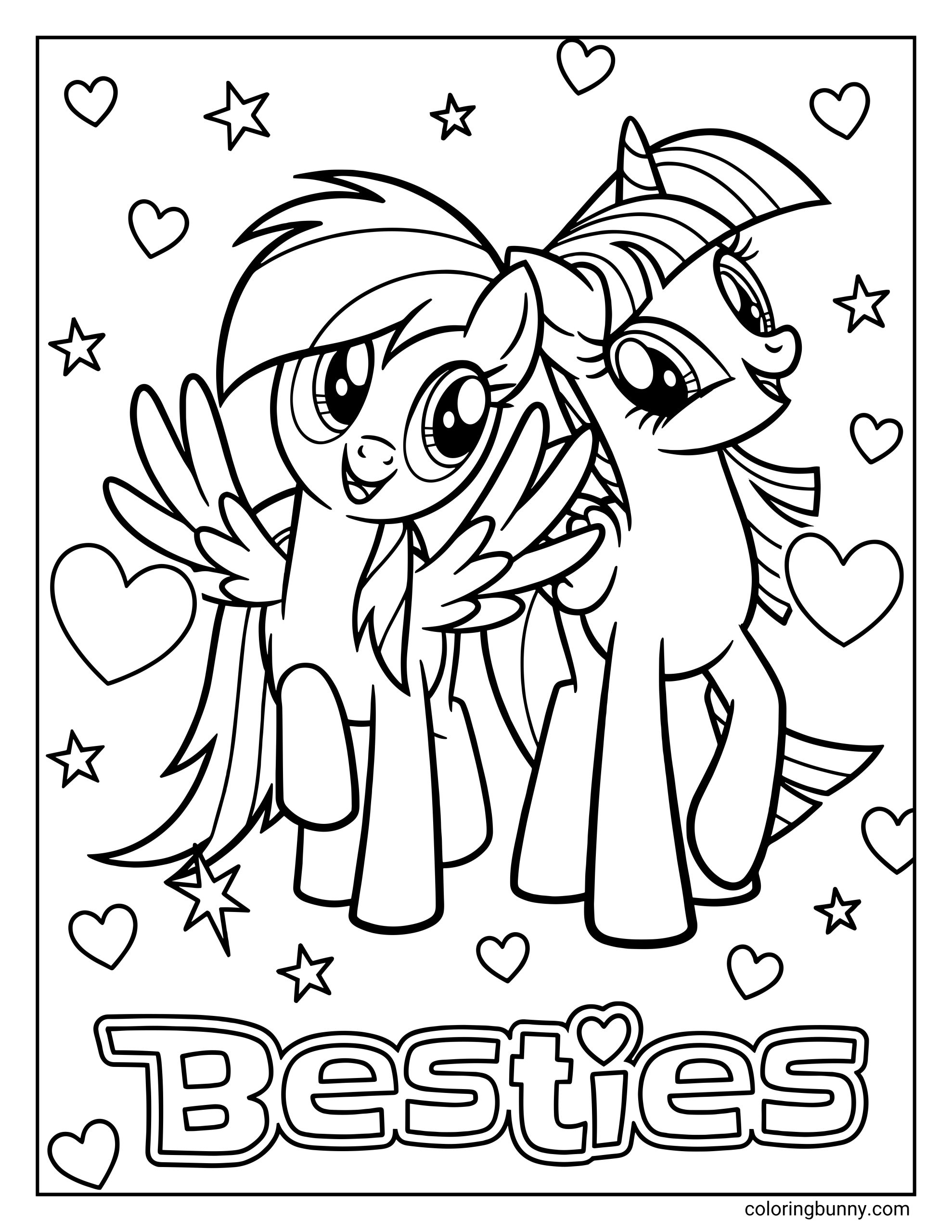 My Little Pony Twilight Sparkle and Rainbow Dash coloring page celebrating true friendship. The spirited Pegasus and smart Alicorn pose happily together surrounded by floating hearts, stars, and the word "Besties" in large bubble letters.