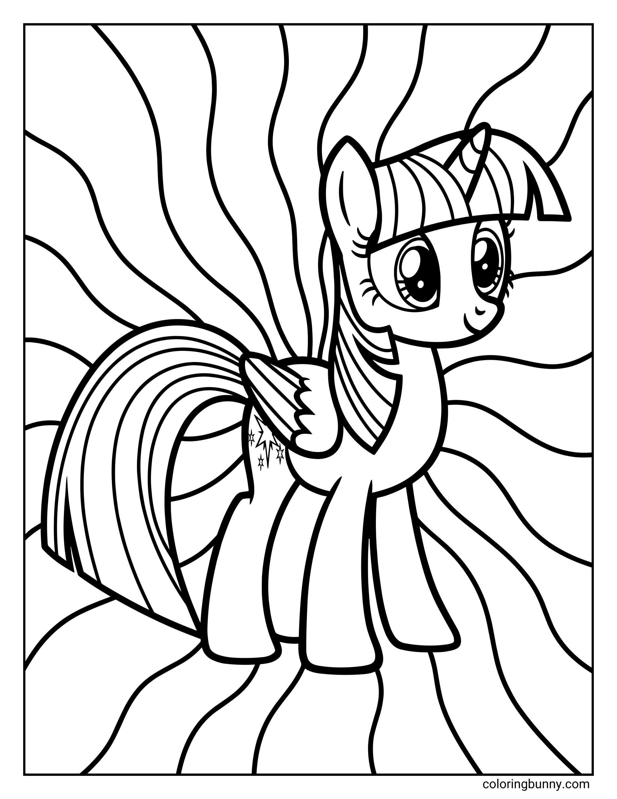 My Little Pony Twilight Sparkle coloring page with a dynamic background design. The Alicorn princess stands looking back over her shoulder, displaying her wings and star cutie mark against a pattern of wavy, radiating lines.