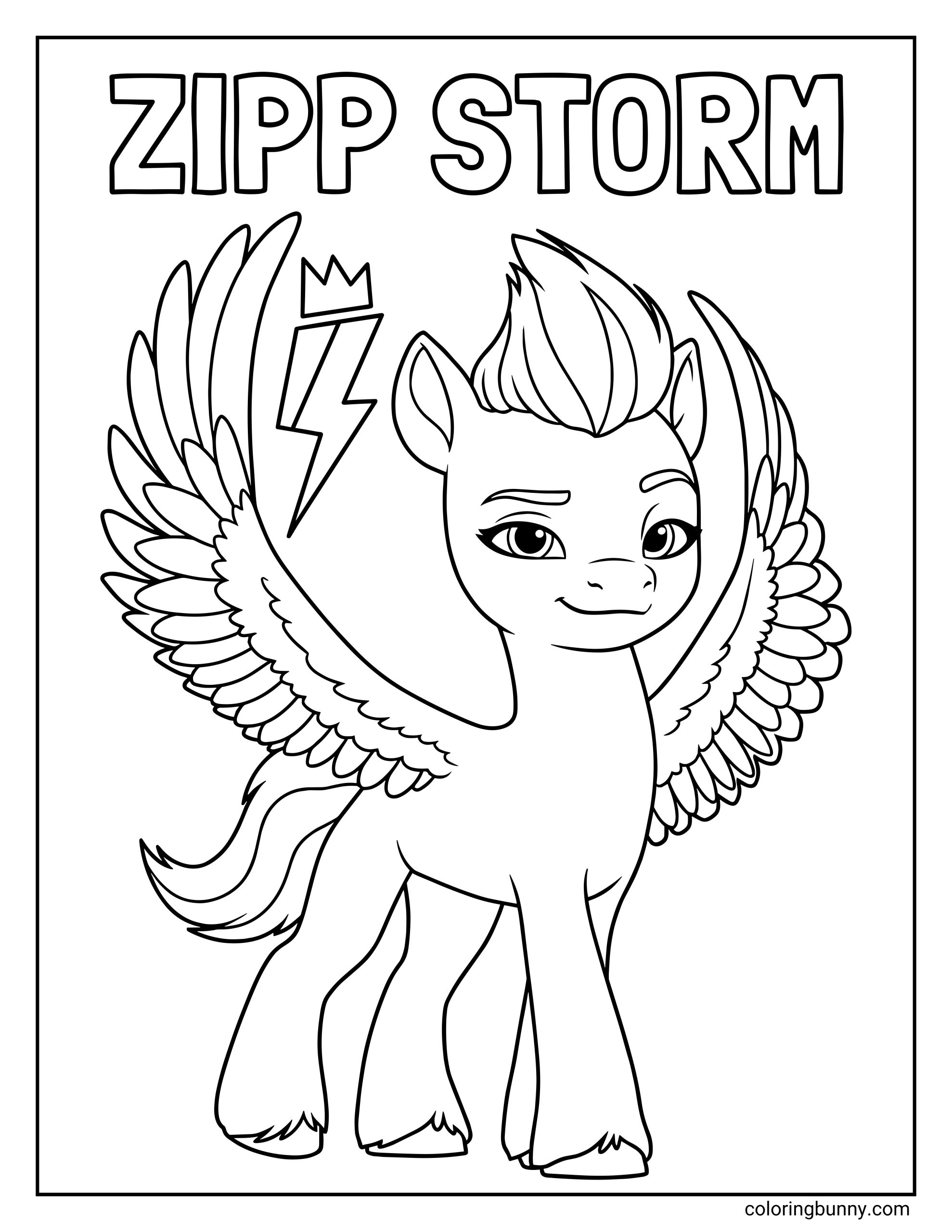 My Little Pony Zipp Storm coloring page showing the Gen 5 Pegasus standing with her wings spread wide. This vertical composition depicts the text "ZIPP STORM" in large letters at the top, a floating lightning bolt symbol with a crown, and the character's signature spiky mane.