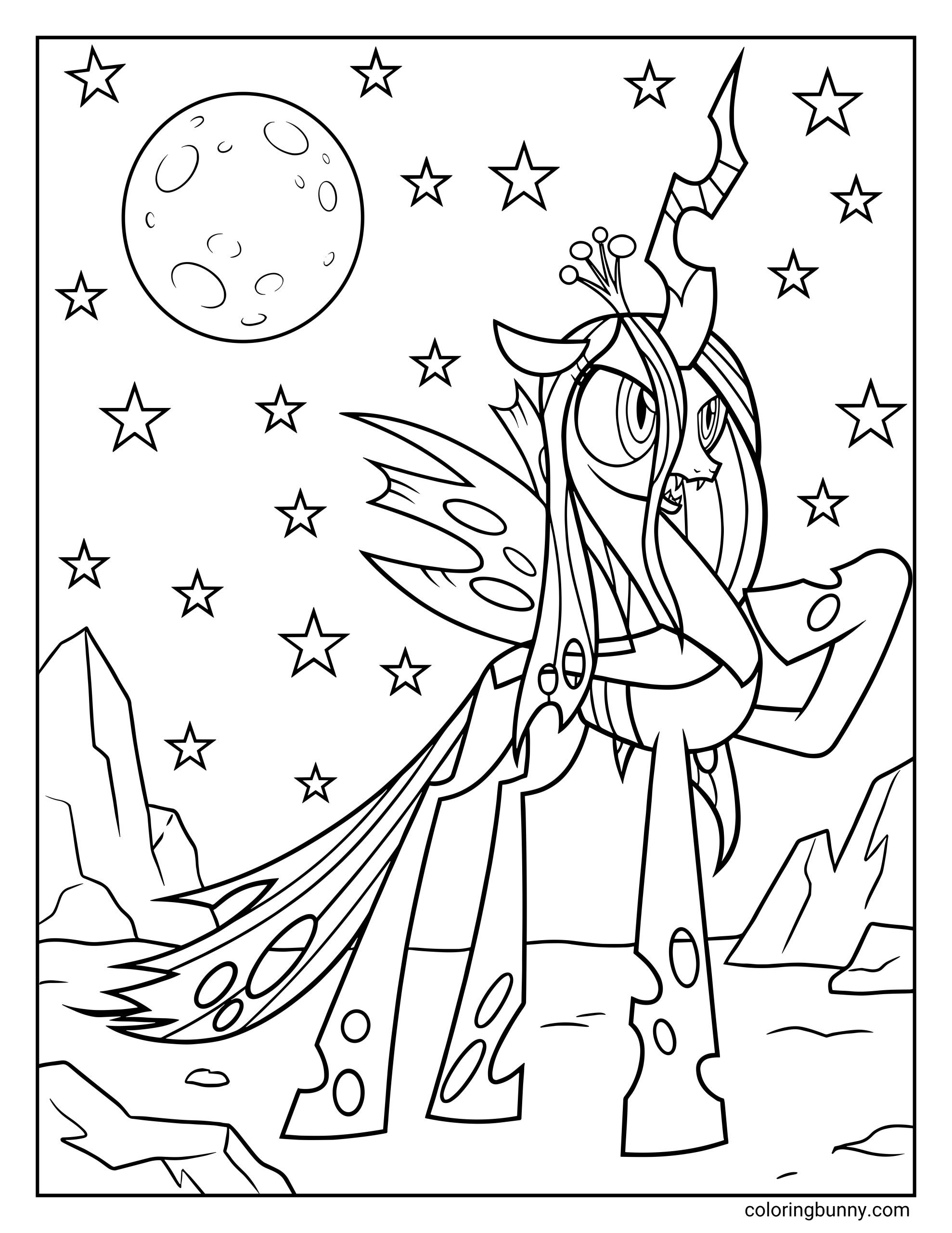 My Little Pony coloring page of the villainous Queen Chrysalis standing menacingly under a full moon and stars, showing off her hole-filled legs and jagged horn.
