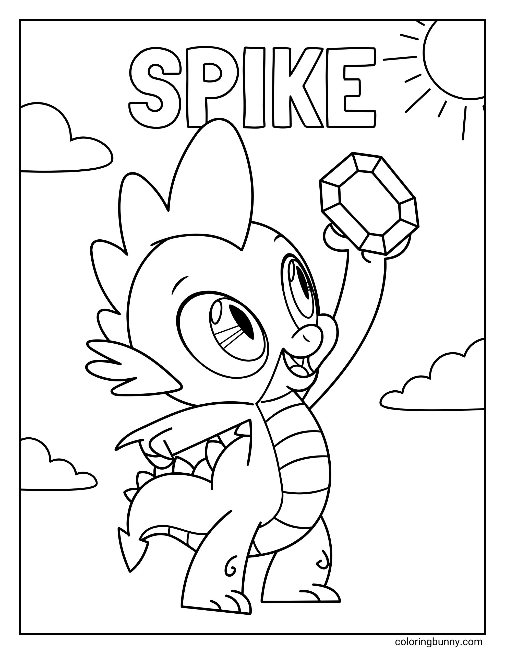 My Little Pony Spike coloring page holding a giant gem. This printable sheet features the baby dragon smiling under a sunny sky, perfect for kids who love the show's number one assistant.