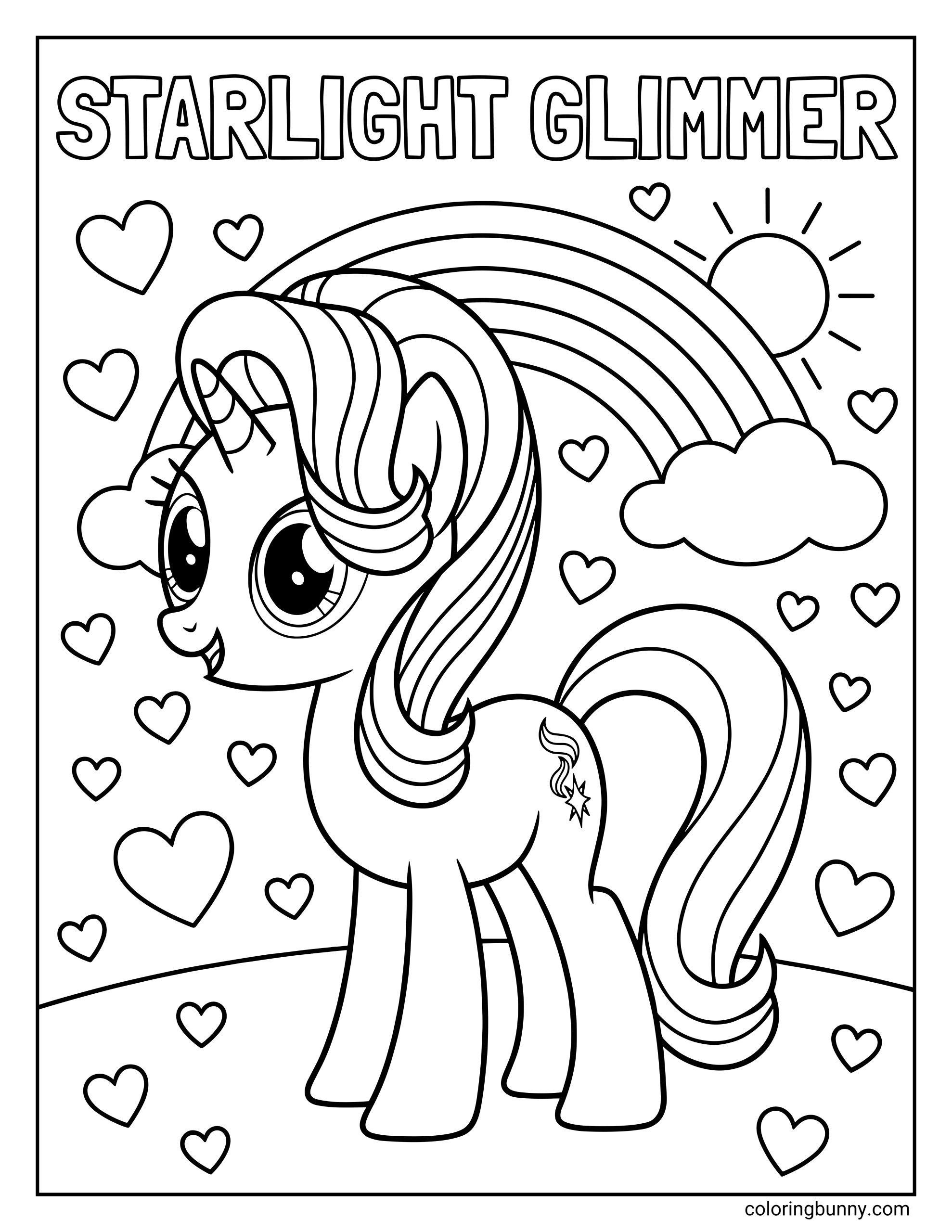 My Little Pony Starlight Glimmer coloring page with a rainbow background. A cute printable for girls featuring the reformed unicorn smiling surrounded by floating hearts and sunshine.
