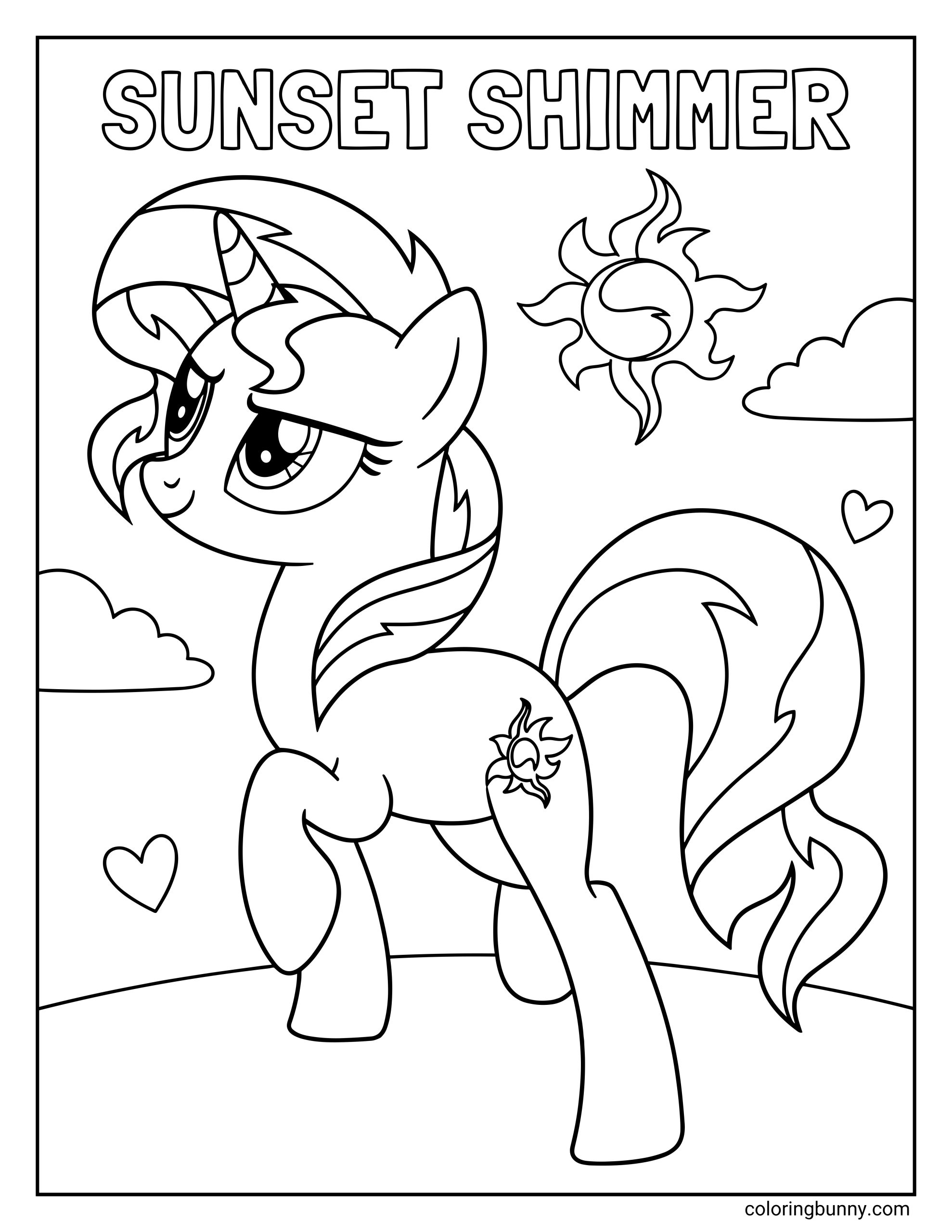 A MLP coloring page of the unicorn Sunset Shimmer standing proudly under a sun symbol with floating hearts around her.