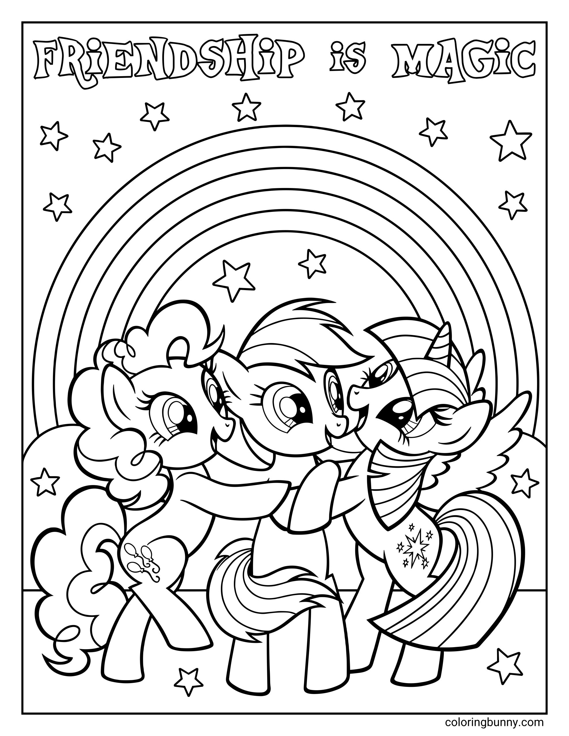My Little Pony Friendship Is Magic coloring page featuring a cheerful group hug. The image depicts Pinkie Pie, Rainbow Dash, and Twilight Sparkle embracing under a large rainbow arch and scattered stars, below the text "FRIENDSHIP is MAGIC."