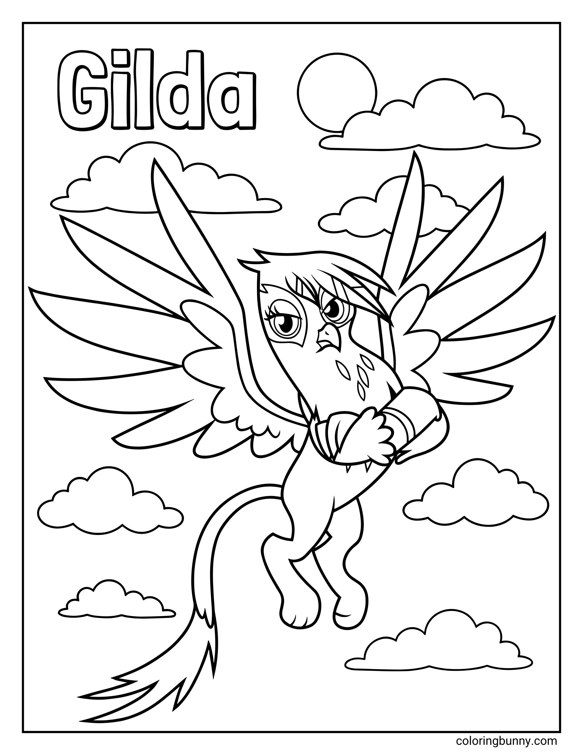 A My Little Pony coloring page of the griffon Gilda flying with her arms crossed and a stern expression, with her name written in large letters above her.