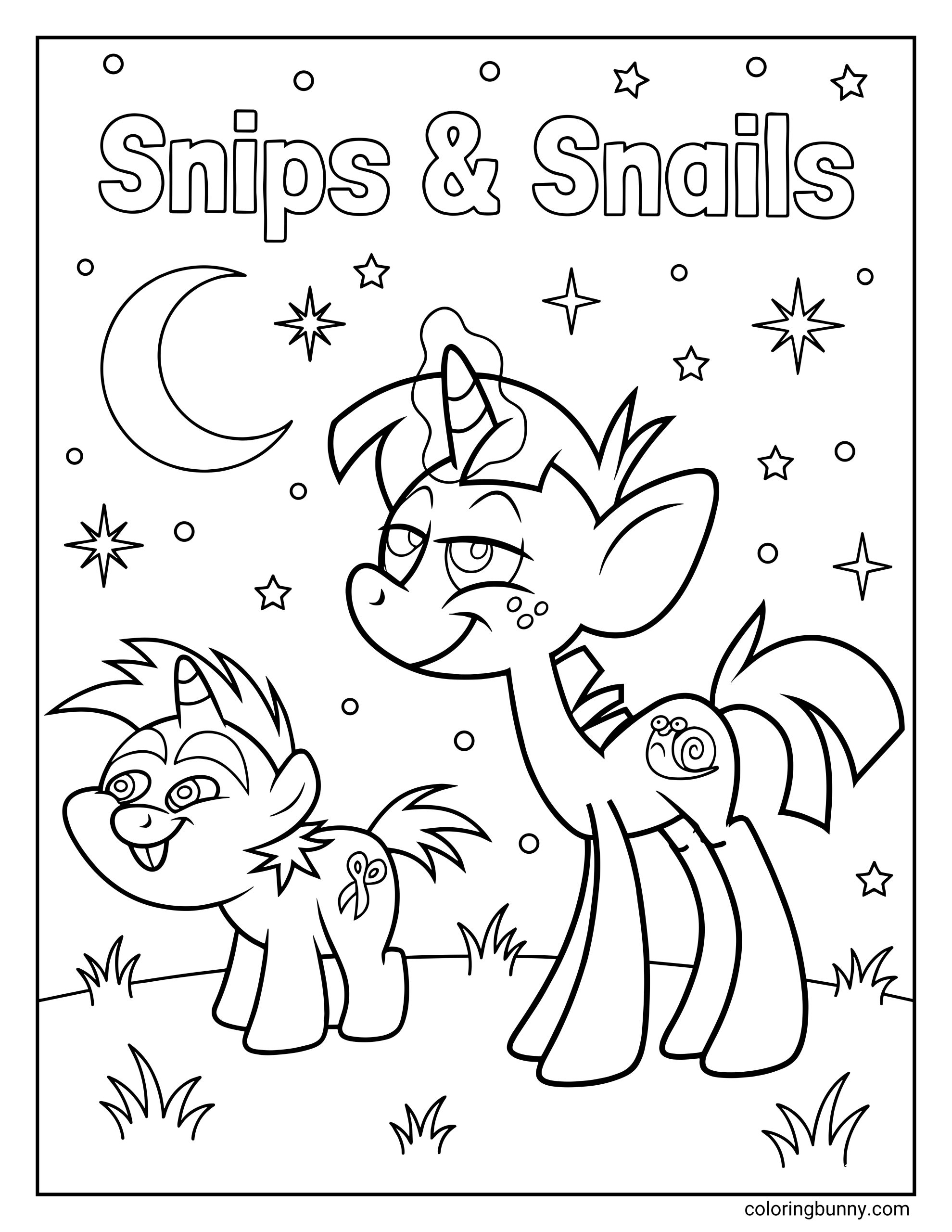 A My Little Pony coloring page of the unicorns Snips and Snails standing together under a moonlit sky with their names written above.
