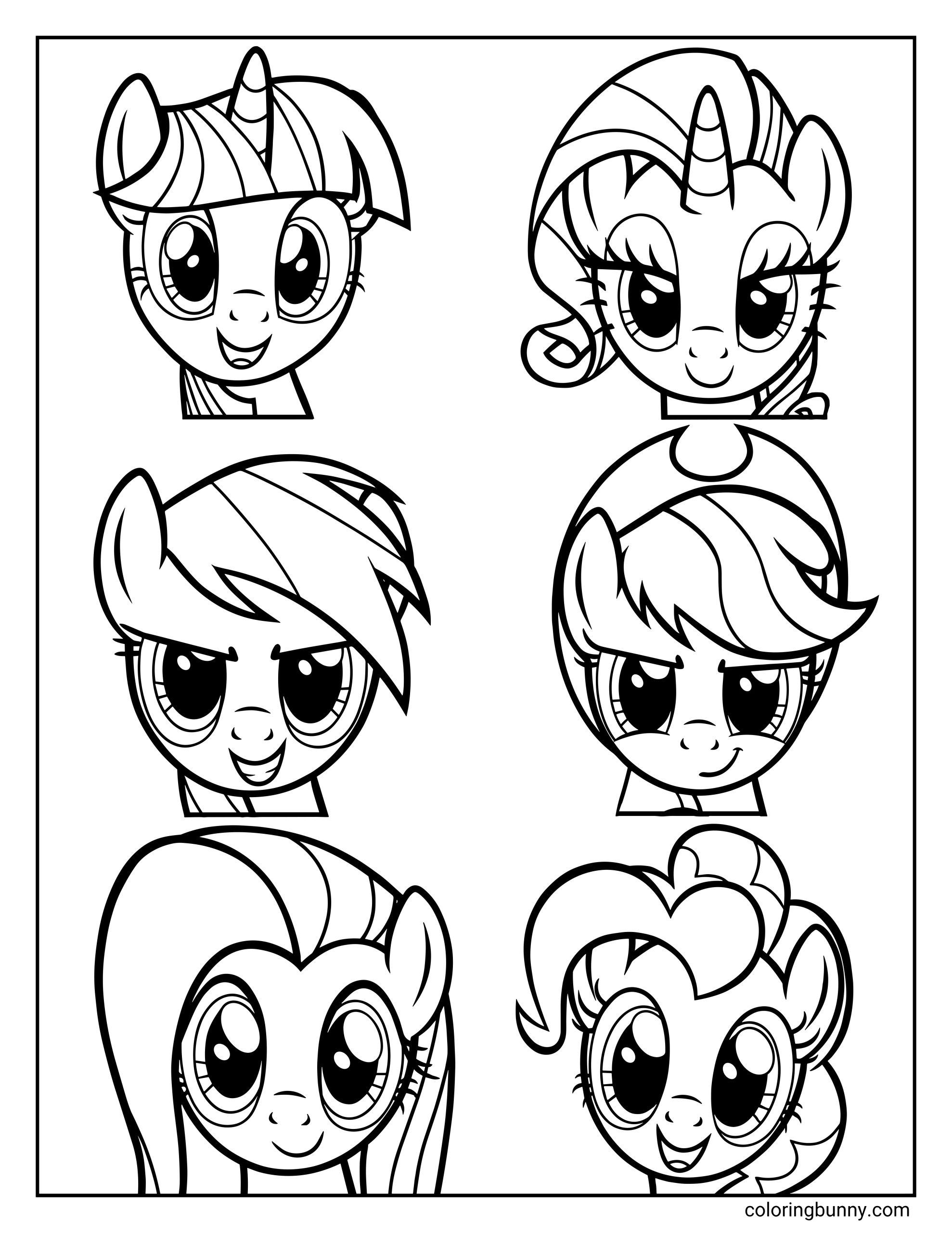 My Little Pony Mane Six heads coloring page arranged in a grid pattern. The design displays the smiling faces of Twilight Sparkle, Rarity, Rainbow Dash, Applejack, Fluttershy, and Pinkie Pie.