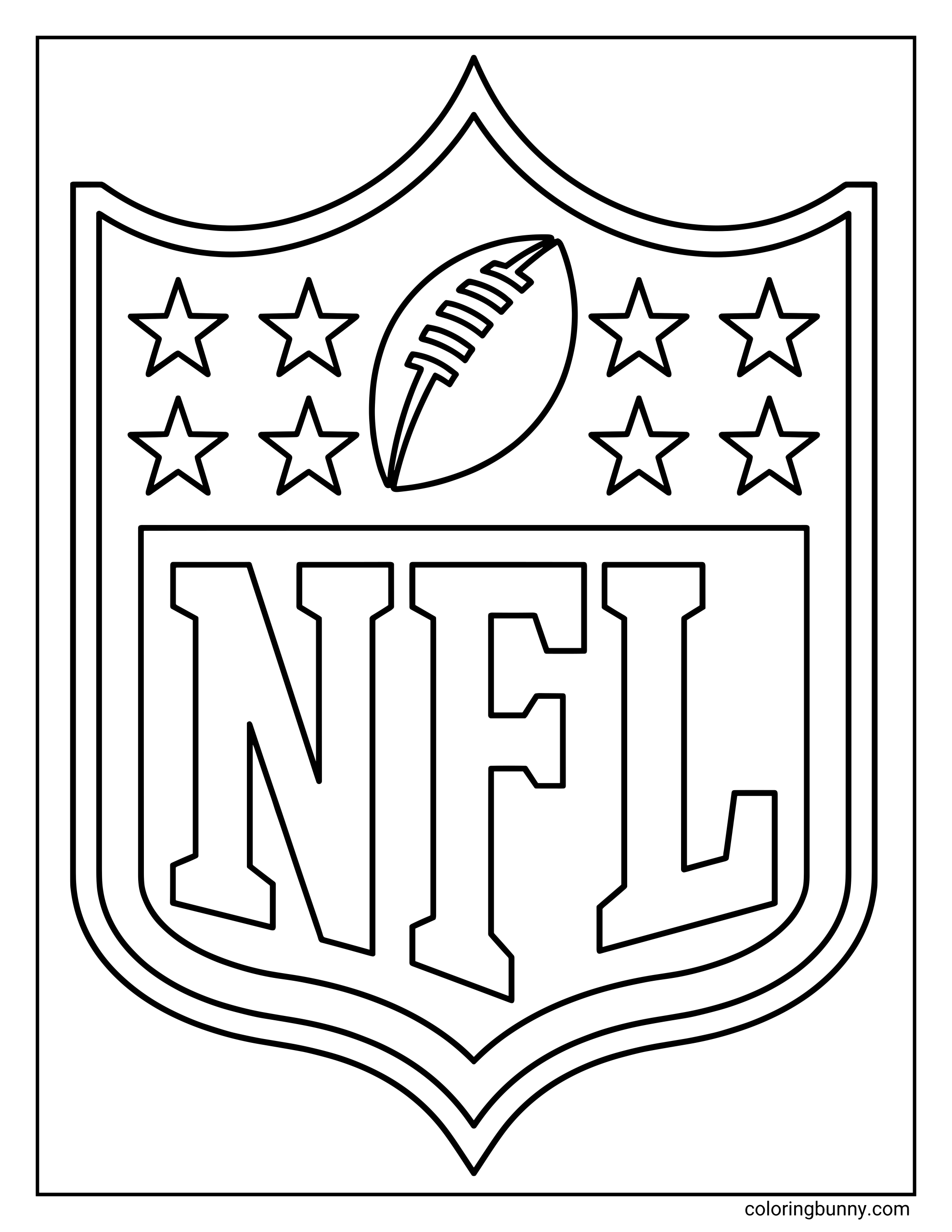 A bold NFL shield logo coloring page featuring a football, stars, and large NFL block letters inside a classic crest outline.