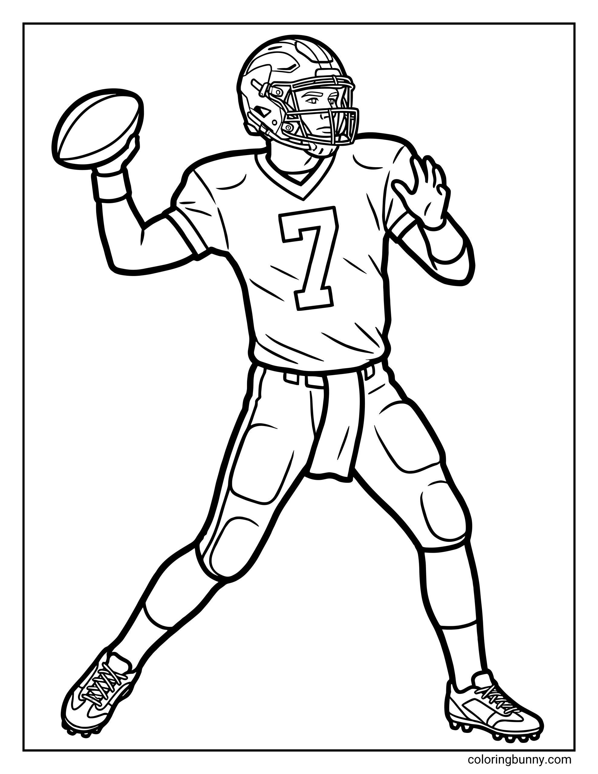 A detailed NFL quarterback coloring page showing a football player in full gear preparing to throw a pass.