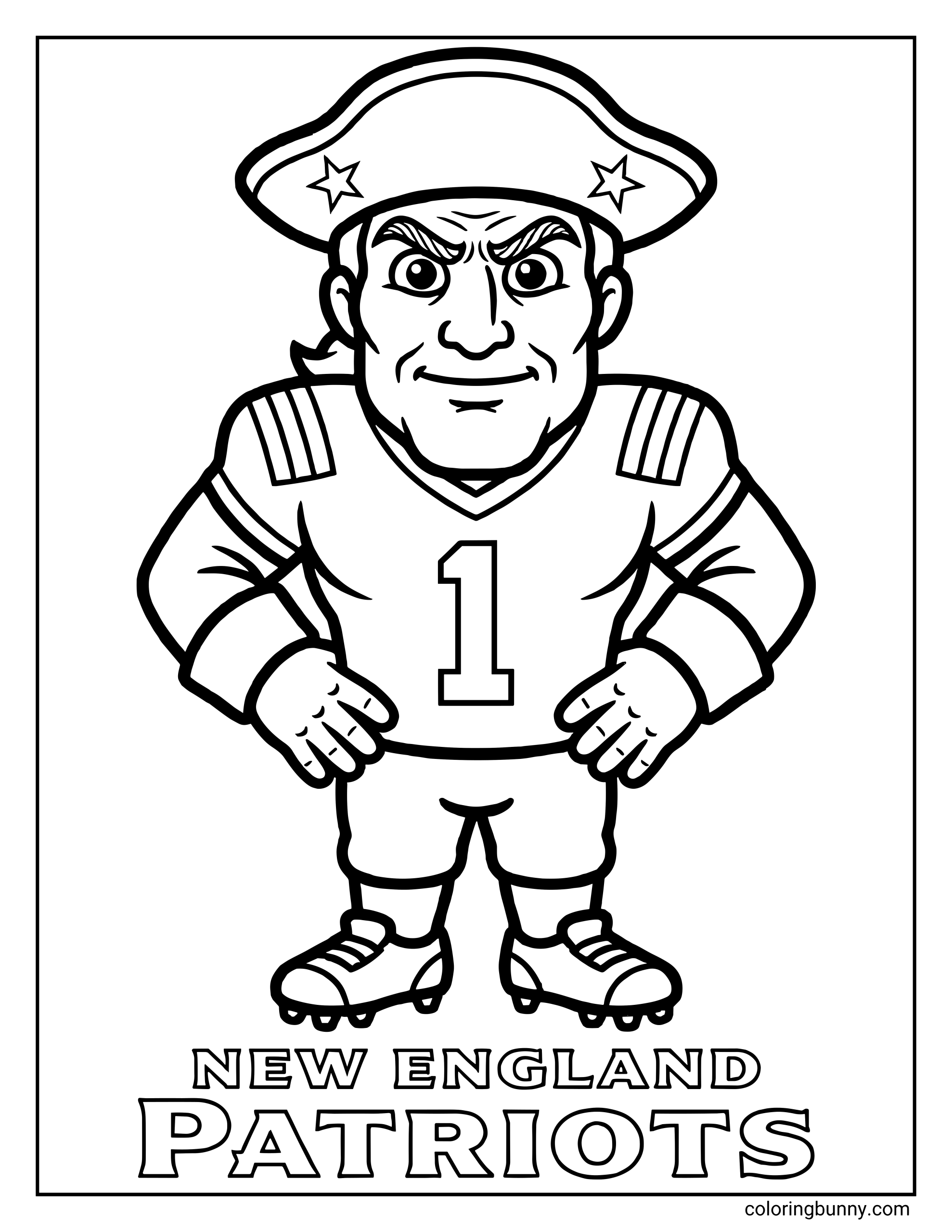 A Super Bowl coloring page featuring a cartoon-style New England Patriots football mascot, standing confidently with hands on hips and ‘New England Patriots’ text at the bottom.