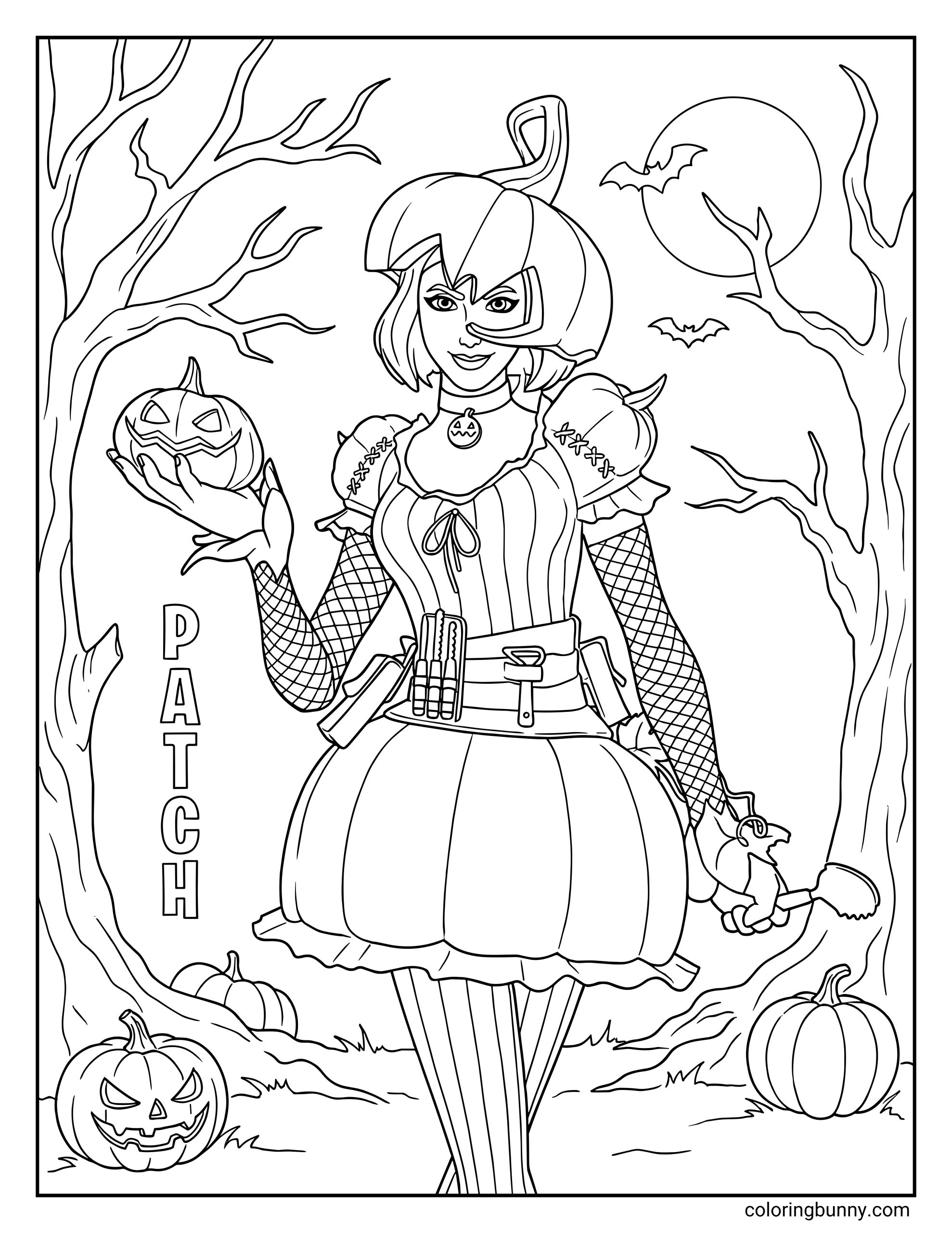 A detailed Fortnite coloring page of the Halloween character Patch holding a small pumpkin and trowel, standing in a spooky forest with bats and jack-o'-lanterns.