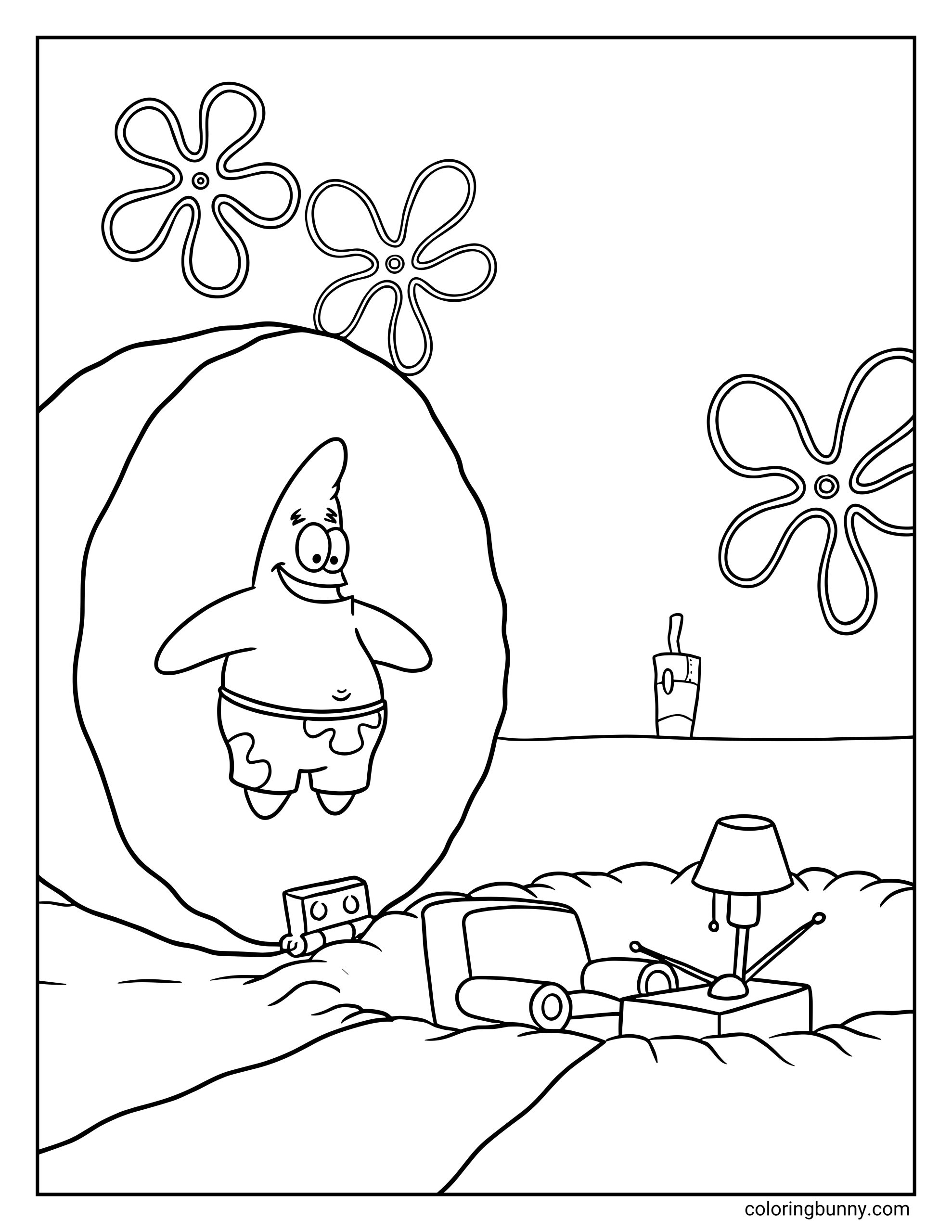 A coloring page of Patrick Star clinging to the underside of his hinged rock house, revealing his sand furniture underneath.