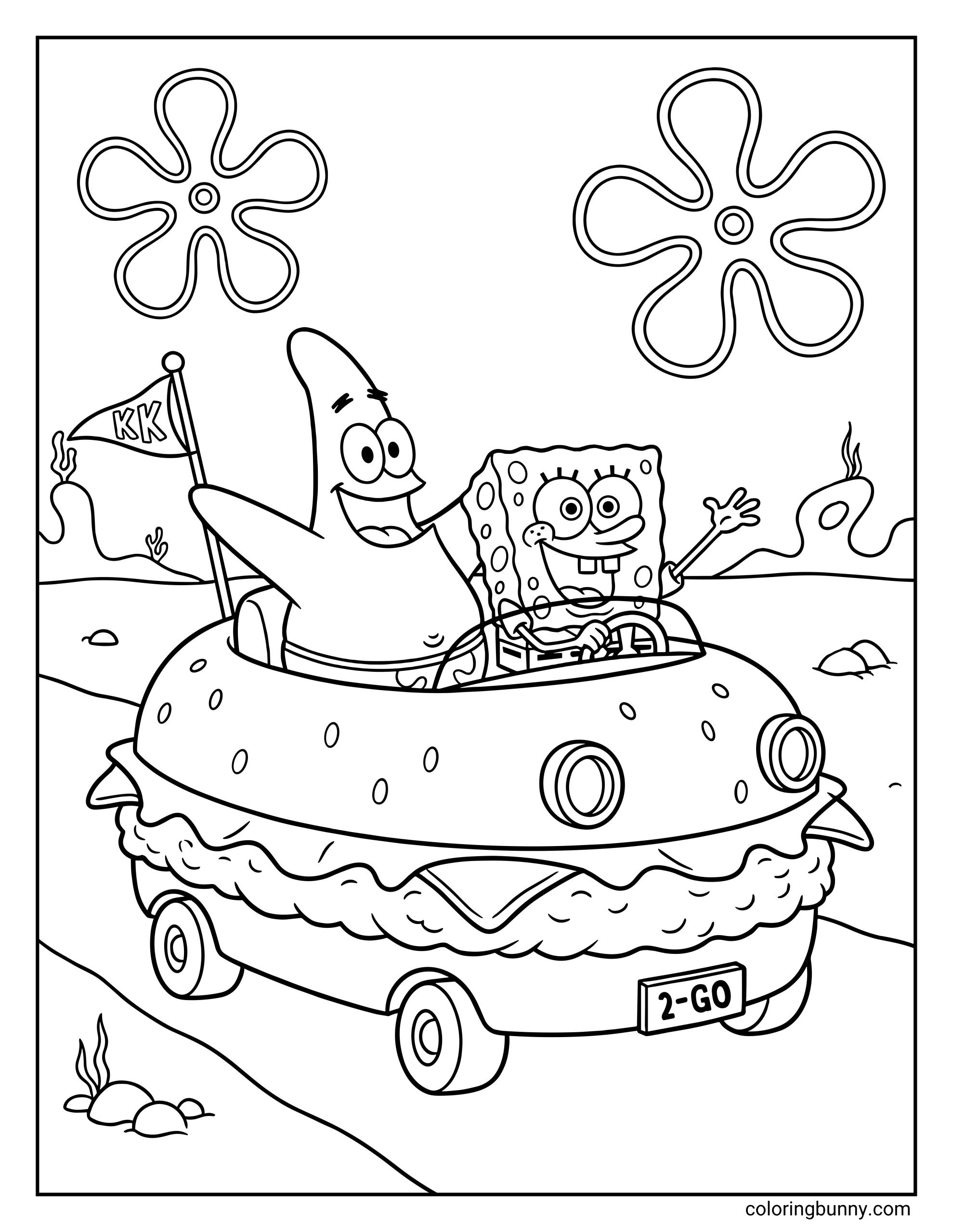 A coloring page of SpongeBob driving the burger-shaped Patty Wagon while Patrick waves happily. The car features pickle wheels, a "KK" flag, and a license plate reading "2-GO".
