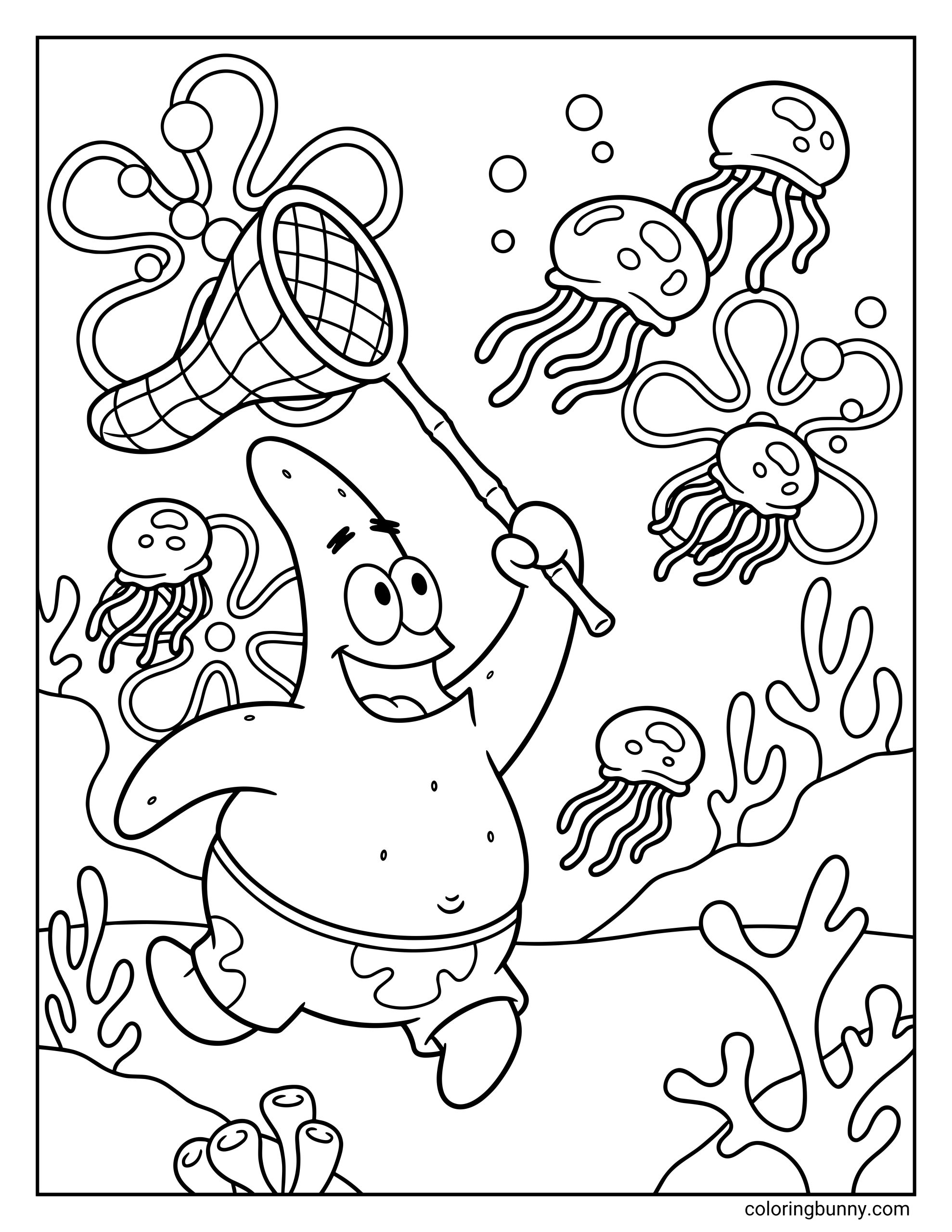 A Spongebob coloring page of Patrick Star running with a net, surrounded by swimming jellyfish, coral, and underwater flowers.