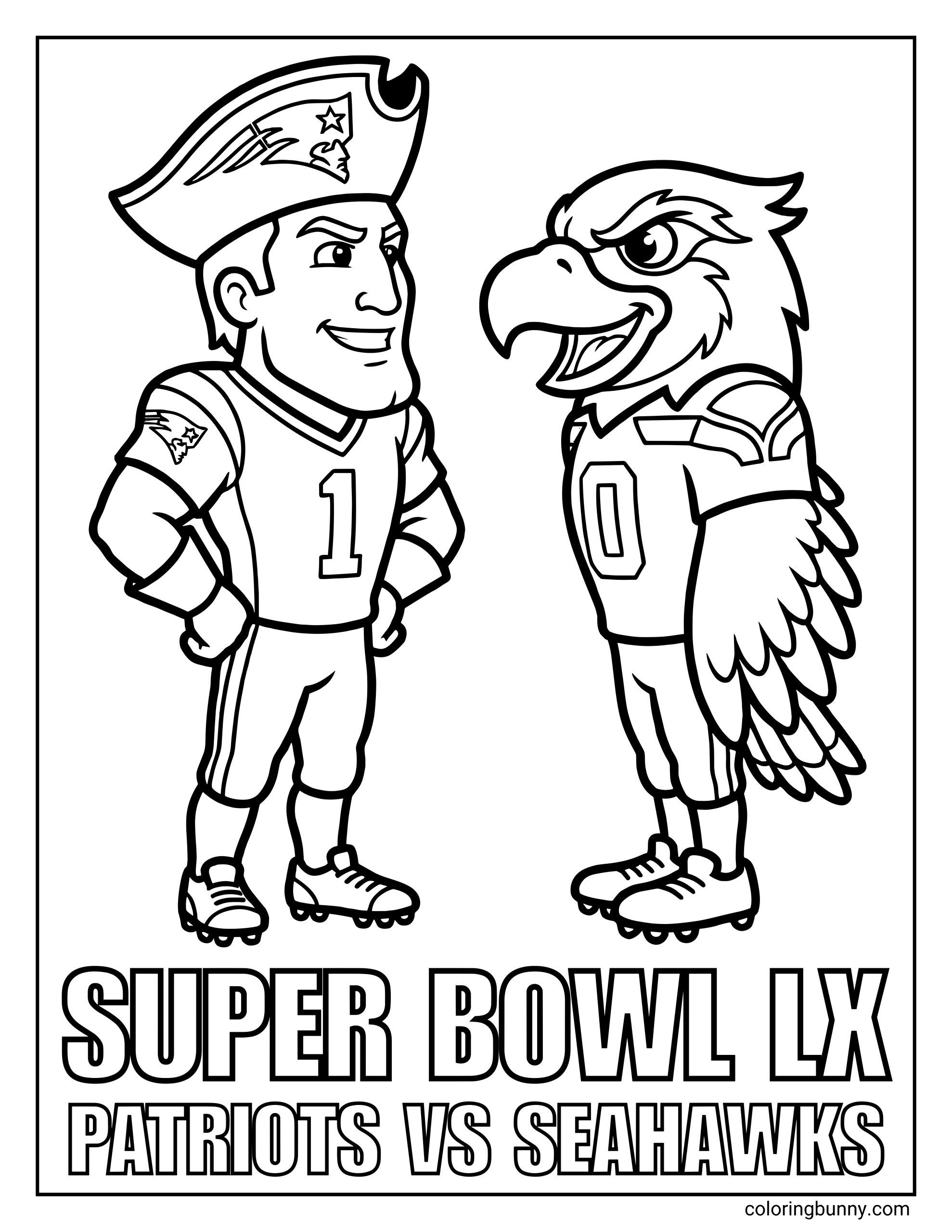 A Super Bowl LX coloring page showing two football mascots facing each other, New England Patriots and Seattle Seahawks, with bold text reading ‘SUPER BOWL LX PATRIOTS VS SEAHAWKS’ at the bottom.