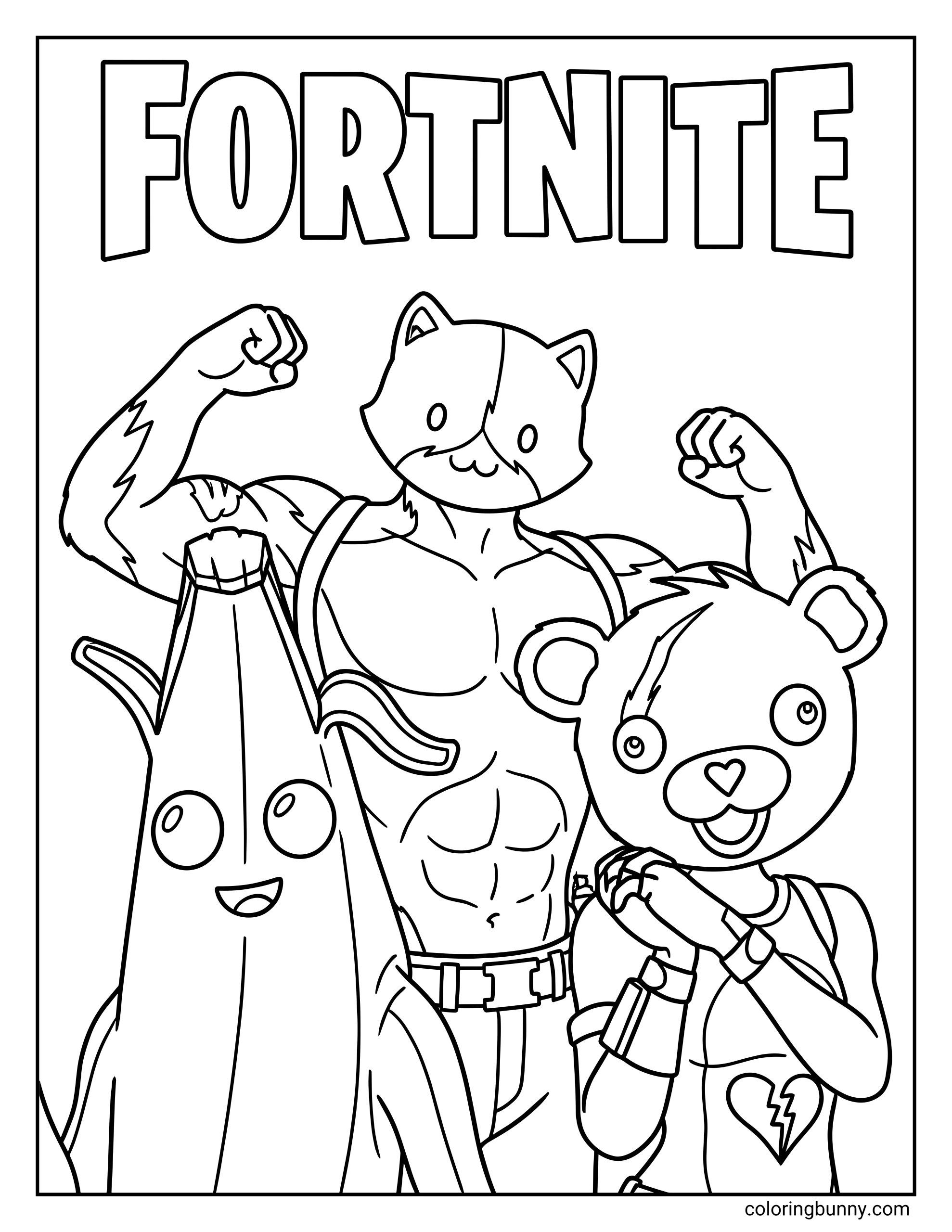 A coloring page showing the Fortnite logo above the characters Meowscles, Peely, and Cuddle Team Leader posing together as a team.