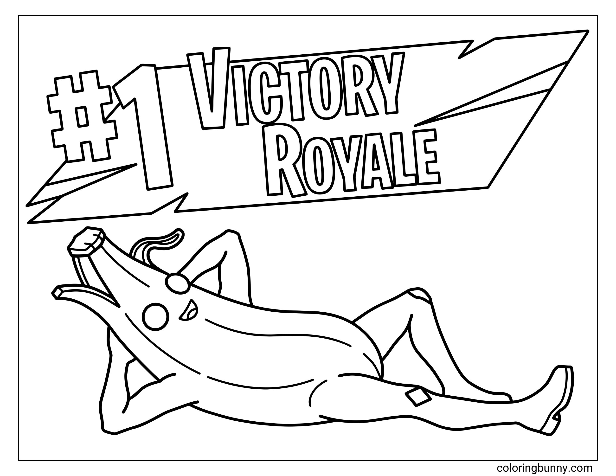 A Fortnite coloring page featuring Peely lying down with his hands behind his head, relaxing under a large "#1 VICTORY ROYALE" banner.