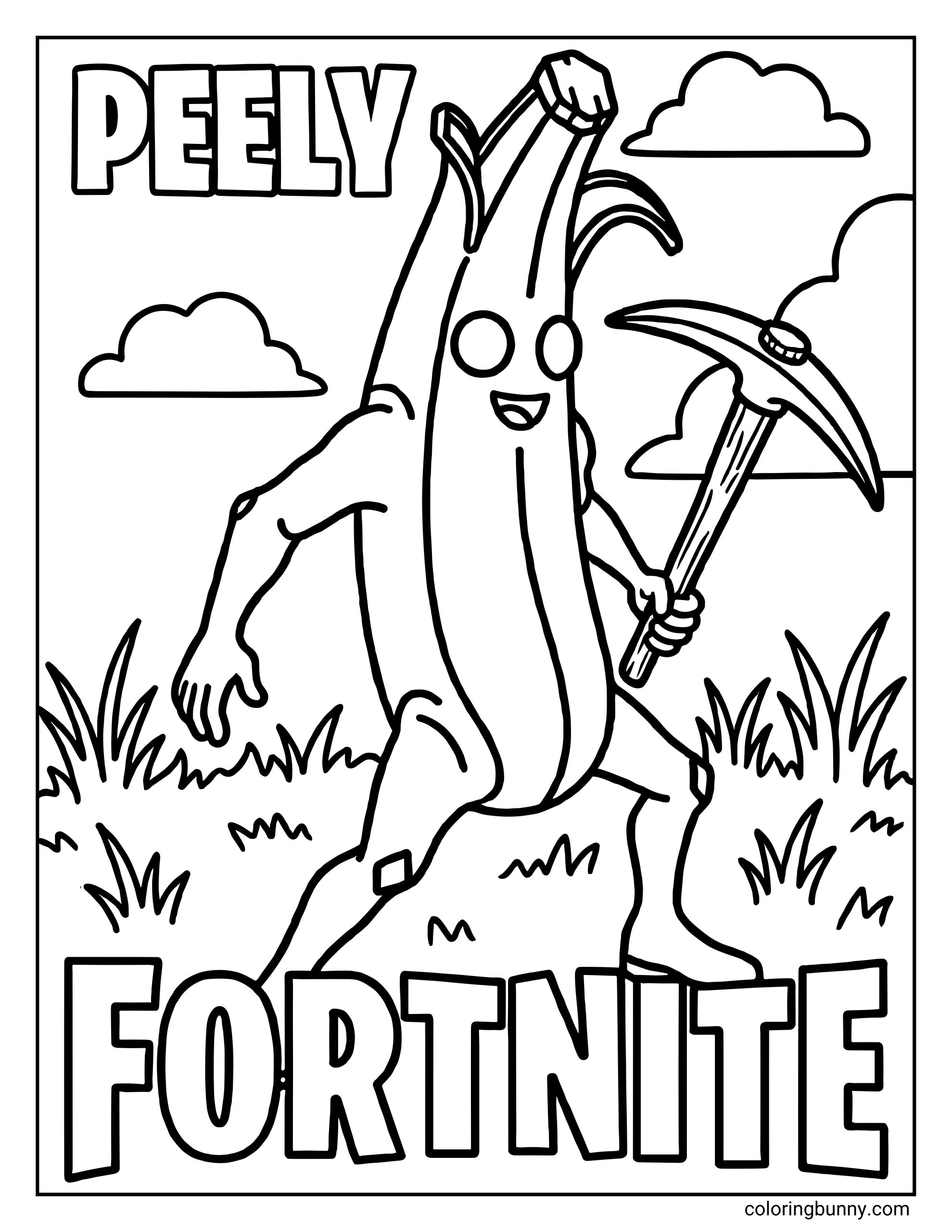 A coloring page featuring the Fortnite character Peely walking with a pickaxe in hand, with the text "PEELY" at the top and "FORTNITE" at the bottom.