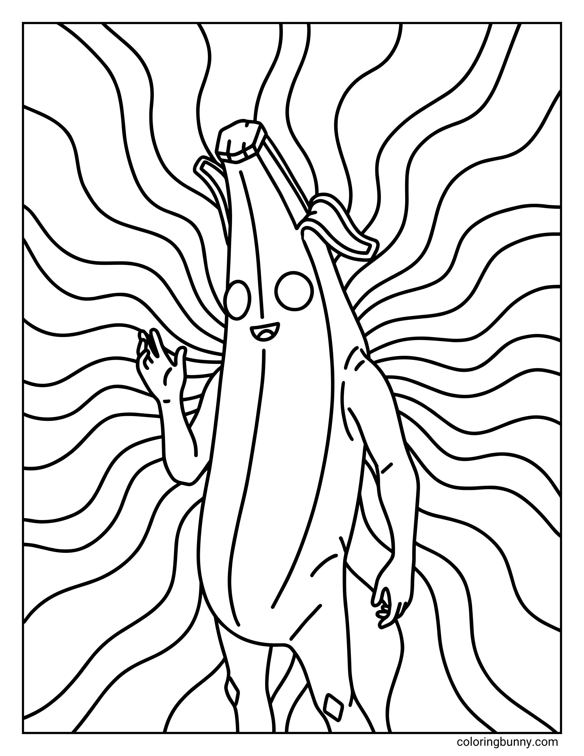 A Fornite coloring page featuring the banana character Peely waving his hand, standing in front of a background filled with radiating wavy lines.
