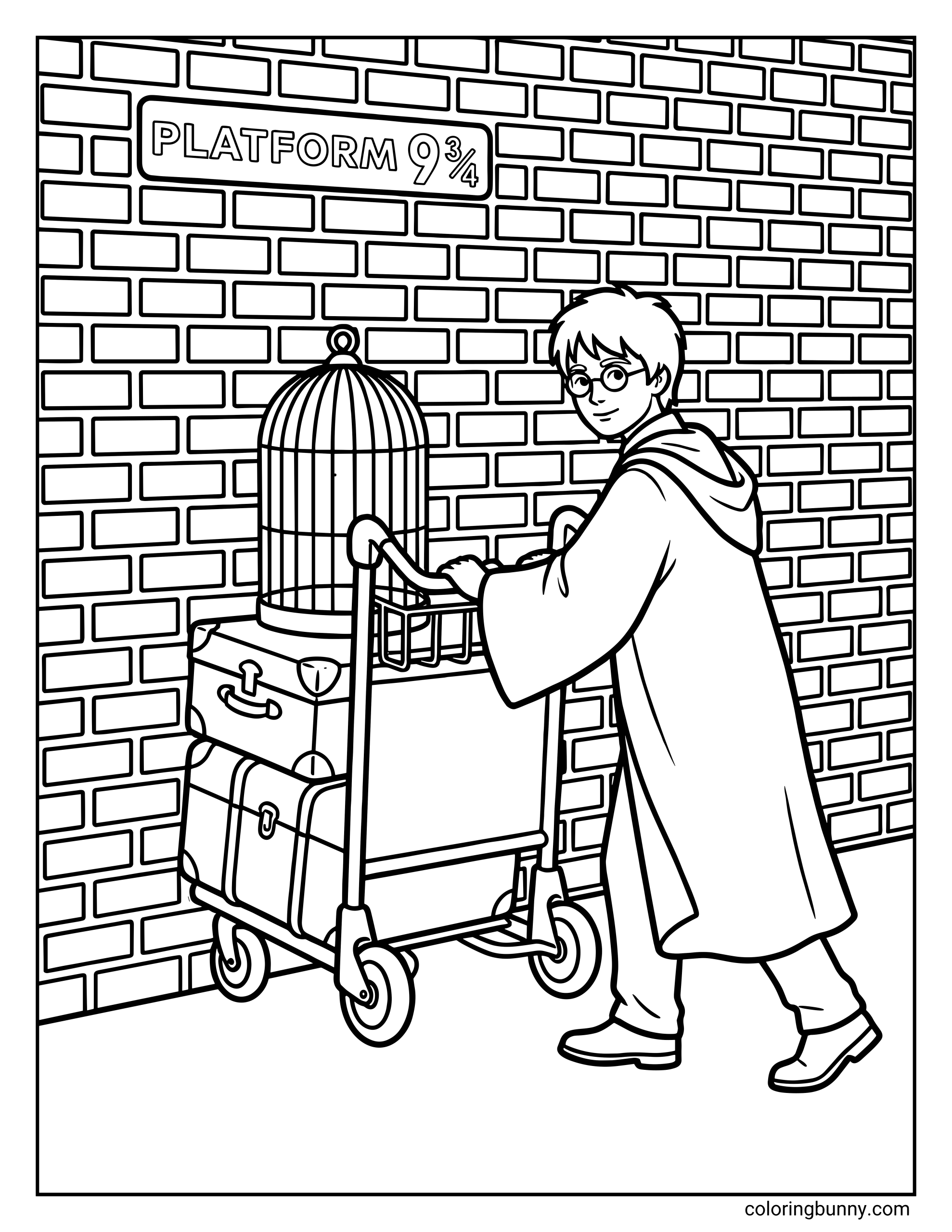 A Harry Potter Platform 9¾ coloring page featuring Harry pushing a luggage trolley with suitcases and an owl cage toward the brick wall, ready to be transported into the Wizarding World. A sign above reads “Platform 9¾.” The scene shows him arriving at the magical train platform.