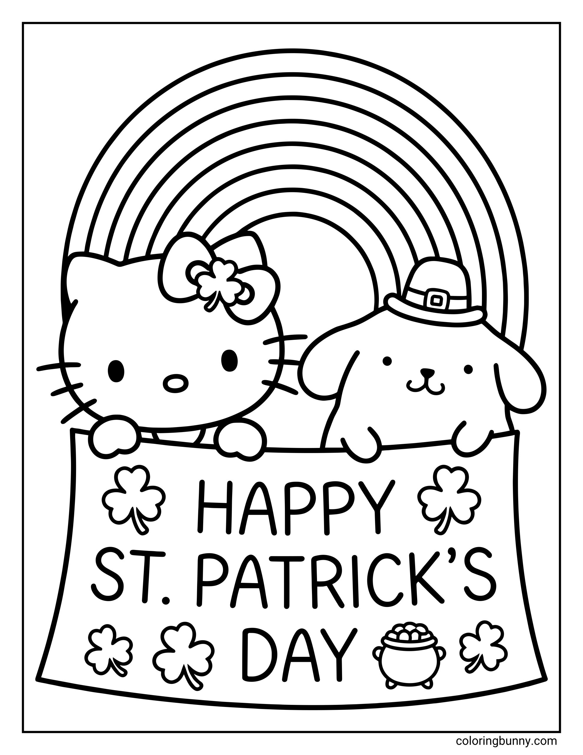 A coloring page of Hello Kitty and Pompompurin holding a “Happy St. Patrick’s Day” sign beneath a rainbow, decorated with shamrocks and a small pot of gold.