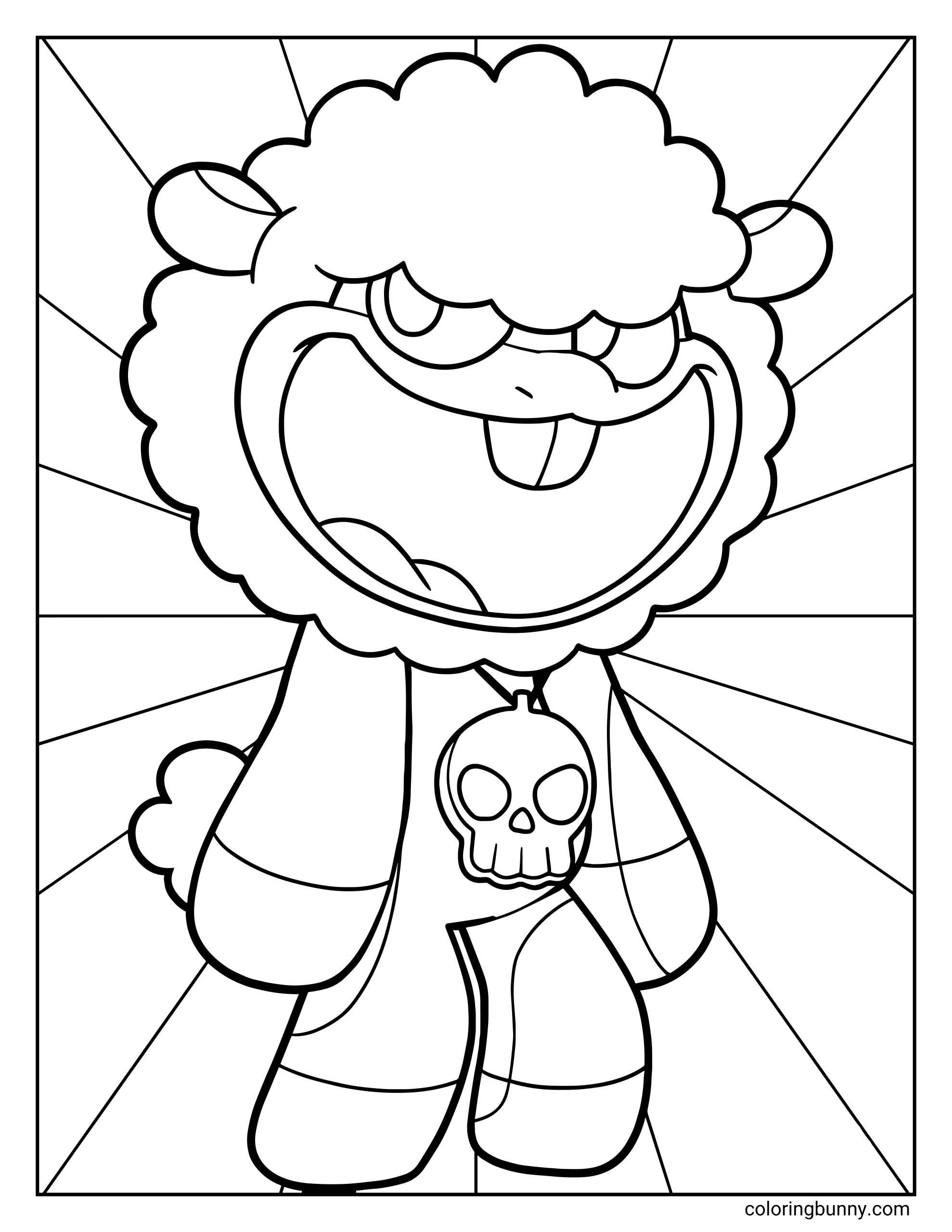 Simple line art Poppy Playtime coloring page of Baba Chops, showing a fluffy, sheep-like character with a huge toothy grin, rounded woolly head, and small ears. The character wears a skull pendant necklace and chunky boots, standing against a bold radial background, designed as a printable coloring sheet for kids and fans of the game.