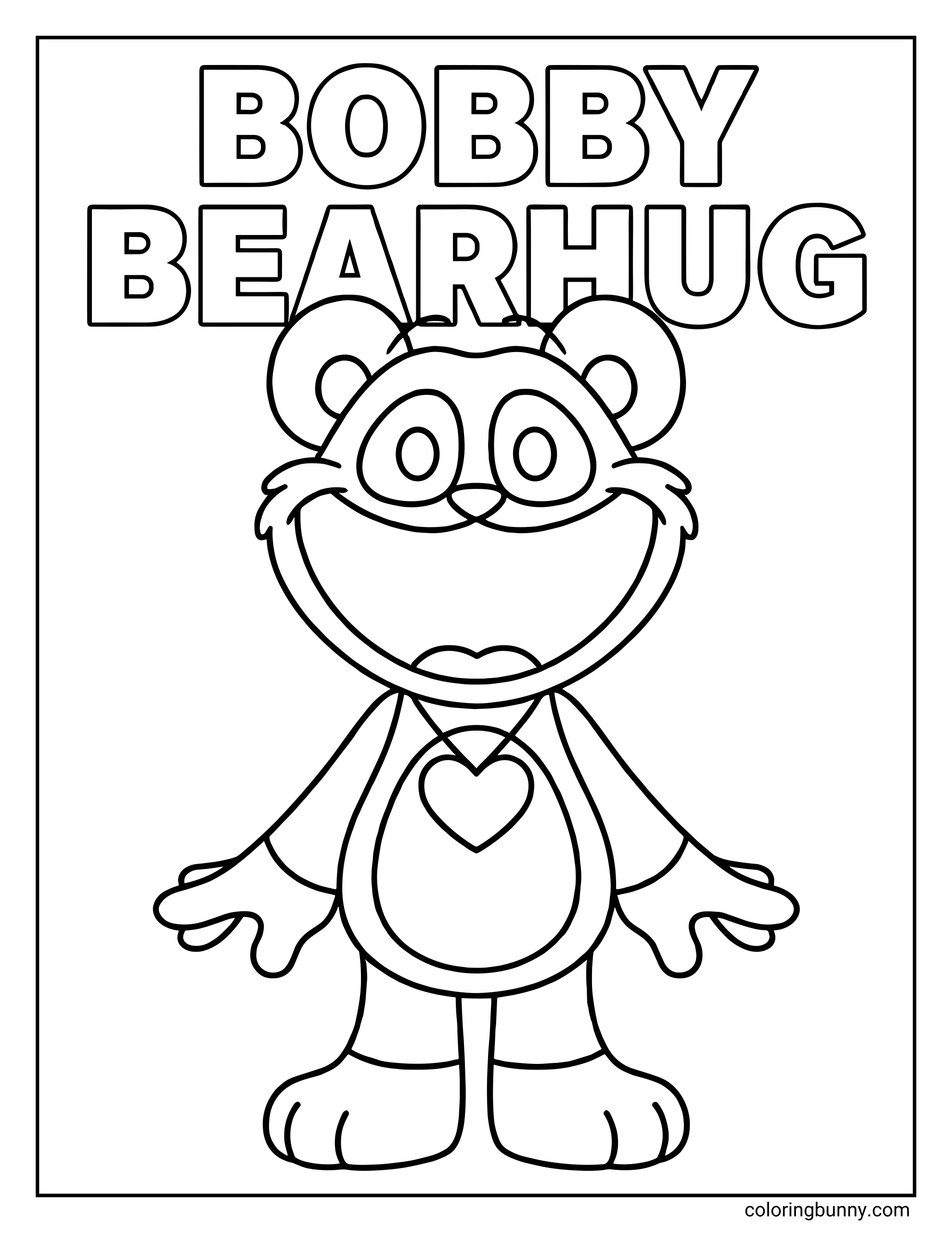 Poppy Playtime Bobby BearHug coloring page featuring the lovable plush toy. This free coloring sheet to download displays the smiling bear character with a heart pendant standing with open arms below the large text BOBBY BEARHUG.