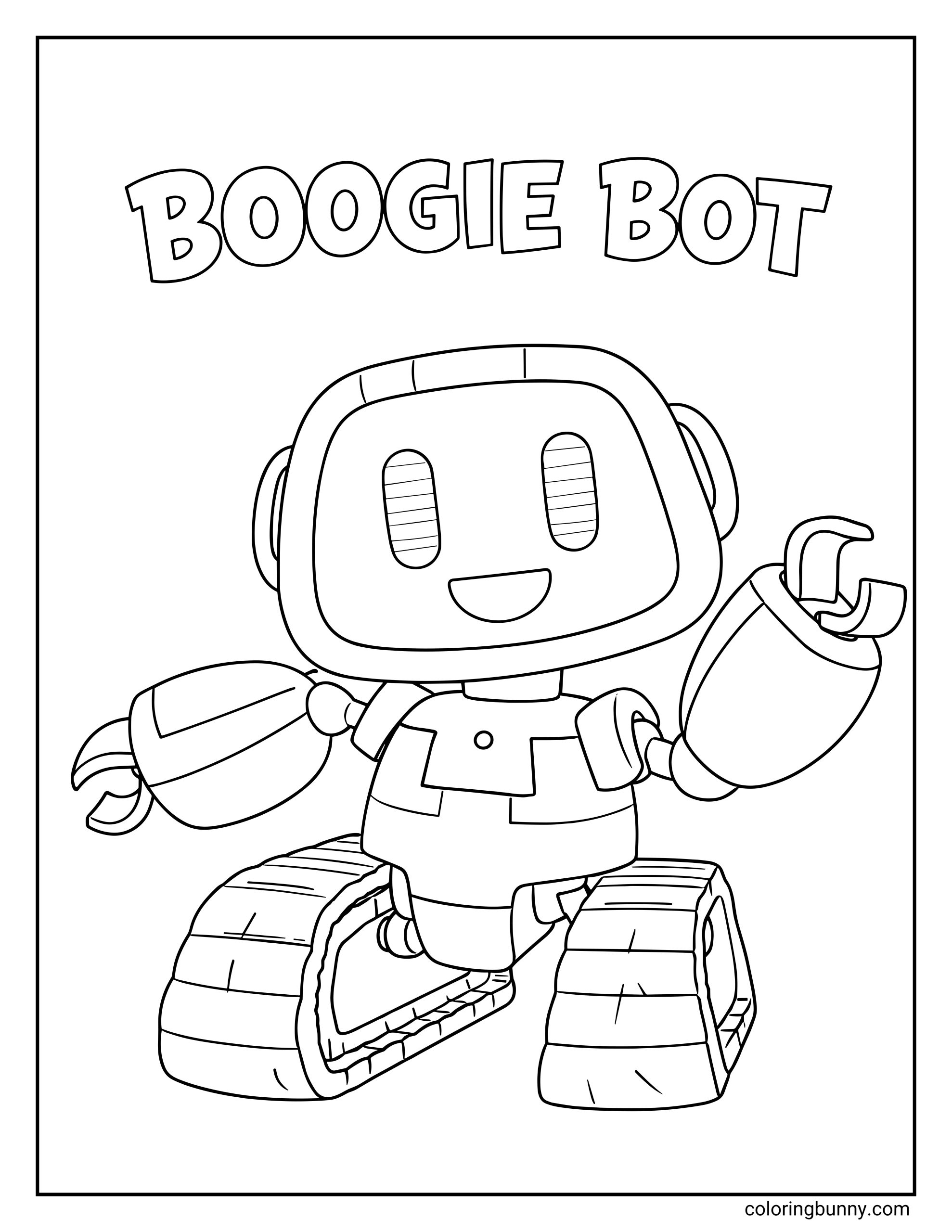 Poppy Playtime Boogie Bot coloring page showing the cheerful toy robot, Boogie Bot, with a rounded screen-like face, simple smiling expression, and large mechanical arms. The character sits on tank-style treads with one claw raised, designed as a clean printable coloring sheet for kids and fans of the game.