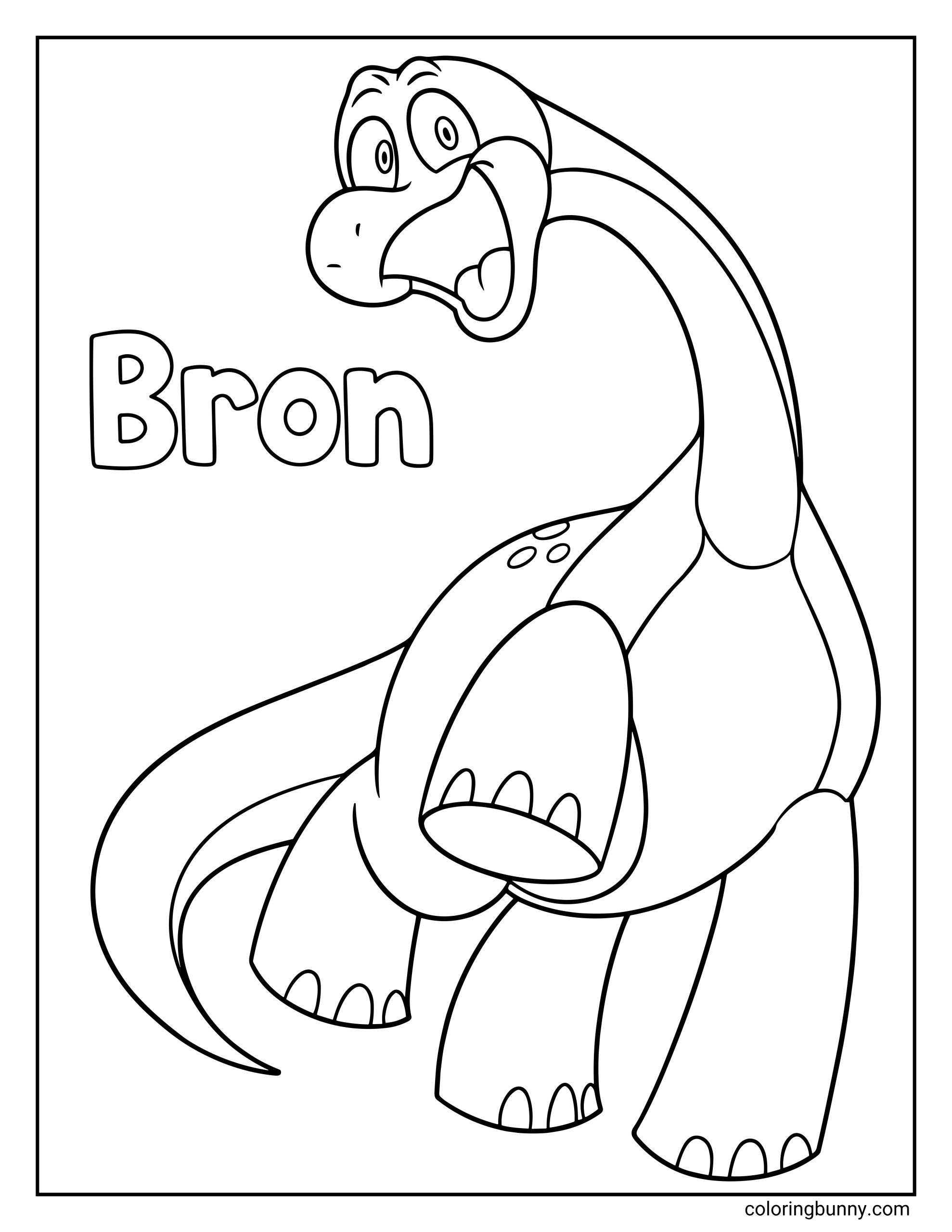 Poppy Playtime Bron coloring page featuring the giant dinosaur toy. This black and white outline for coloring displays the tall brontosaurus character looking back with a wide smile next to the large text "Bron".