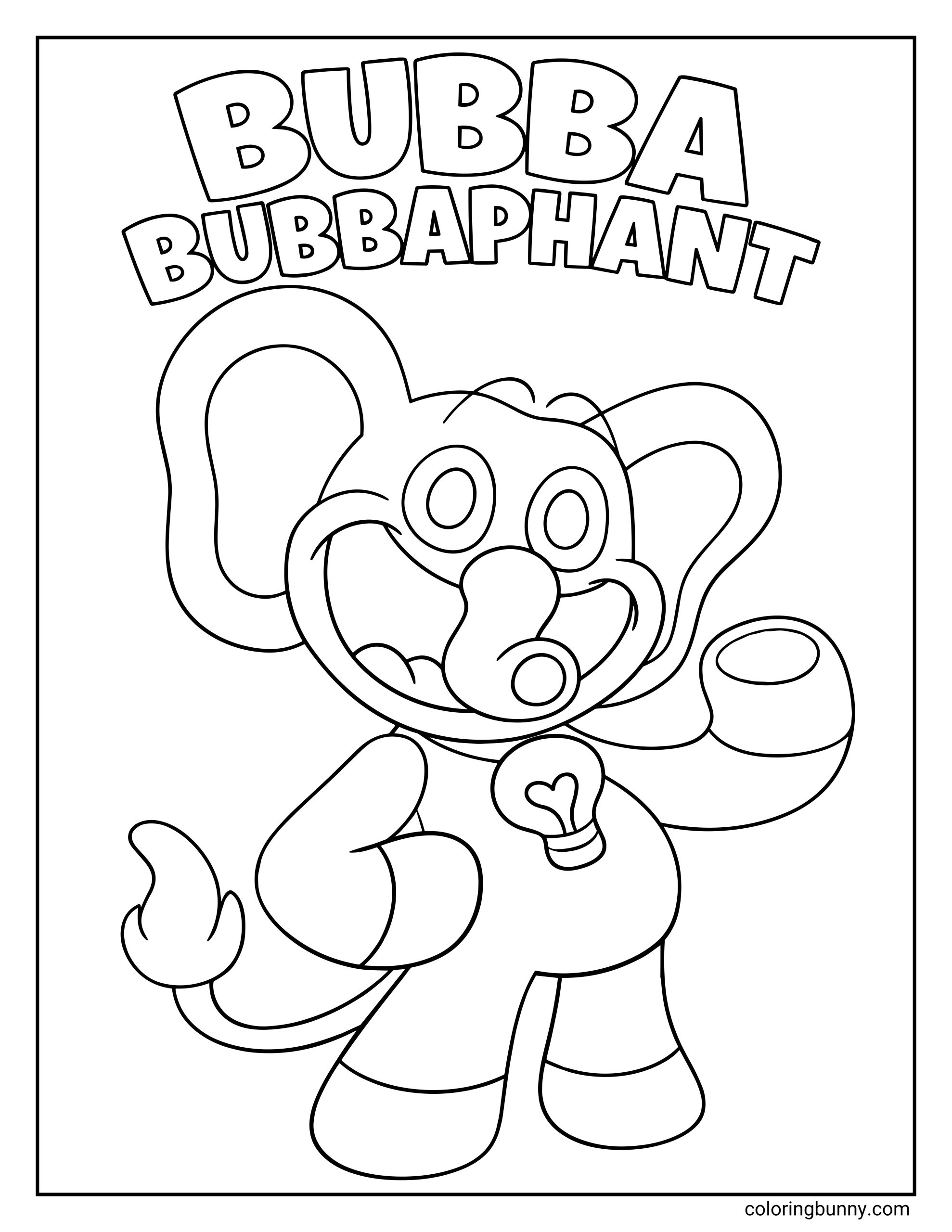 A black and white coloring page of Bubba Bubbaphant from Poppy Playtime. The character is a cartoon elephant with a huge rounded head, wide circular eyes, and a big joyful smile. His long trunk curls upward in a playful pose, and his large floppy ears frame his face. He wears a simple outfit with a lightbulb emblem on his chest, while one arm stretches outward in a welcoming gesture.