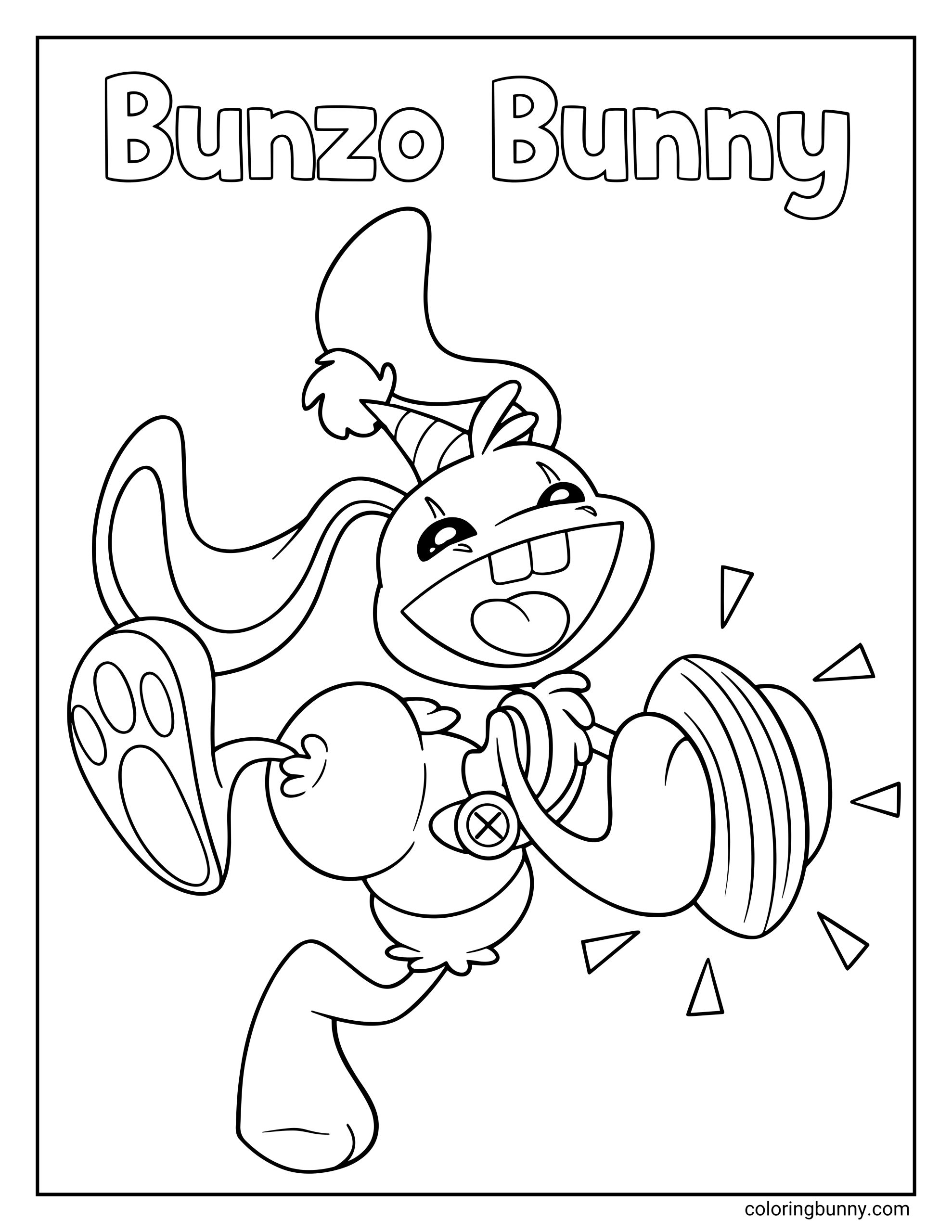 Poppy Playtime Bunzo Bunny coloring page featuring the energetic toy. This free coloring sheet to download shows the happy rabbit character wearing a party hat as he jumps and crashes his cymbals together below the text "Bunzo Bunny