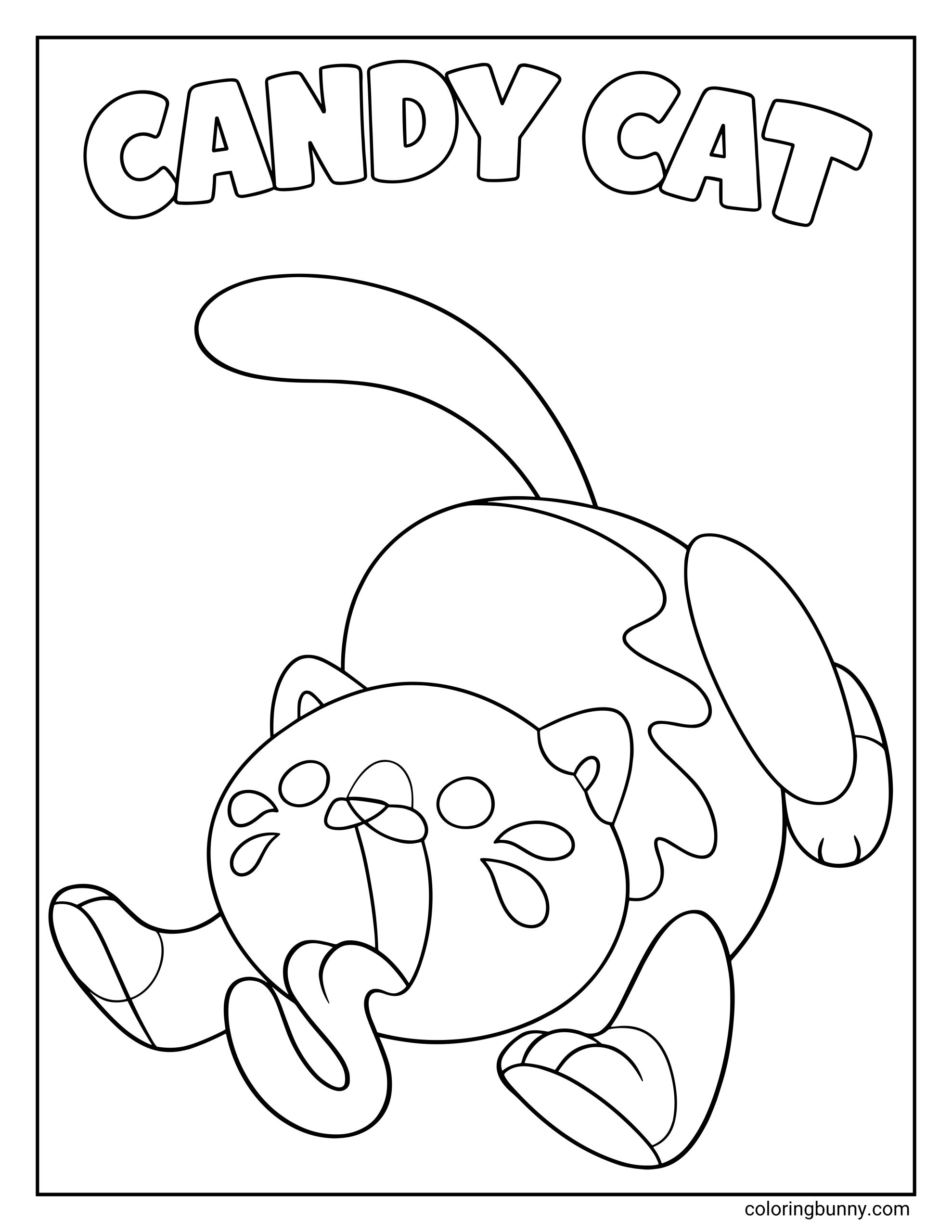 Poppy Playtime Candy Cat coloring page featuring the classic toy. This printable sheet shows the round cat character lying upside down with her tongue hanging out below the large text "CANDY CAT".