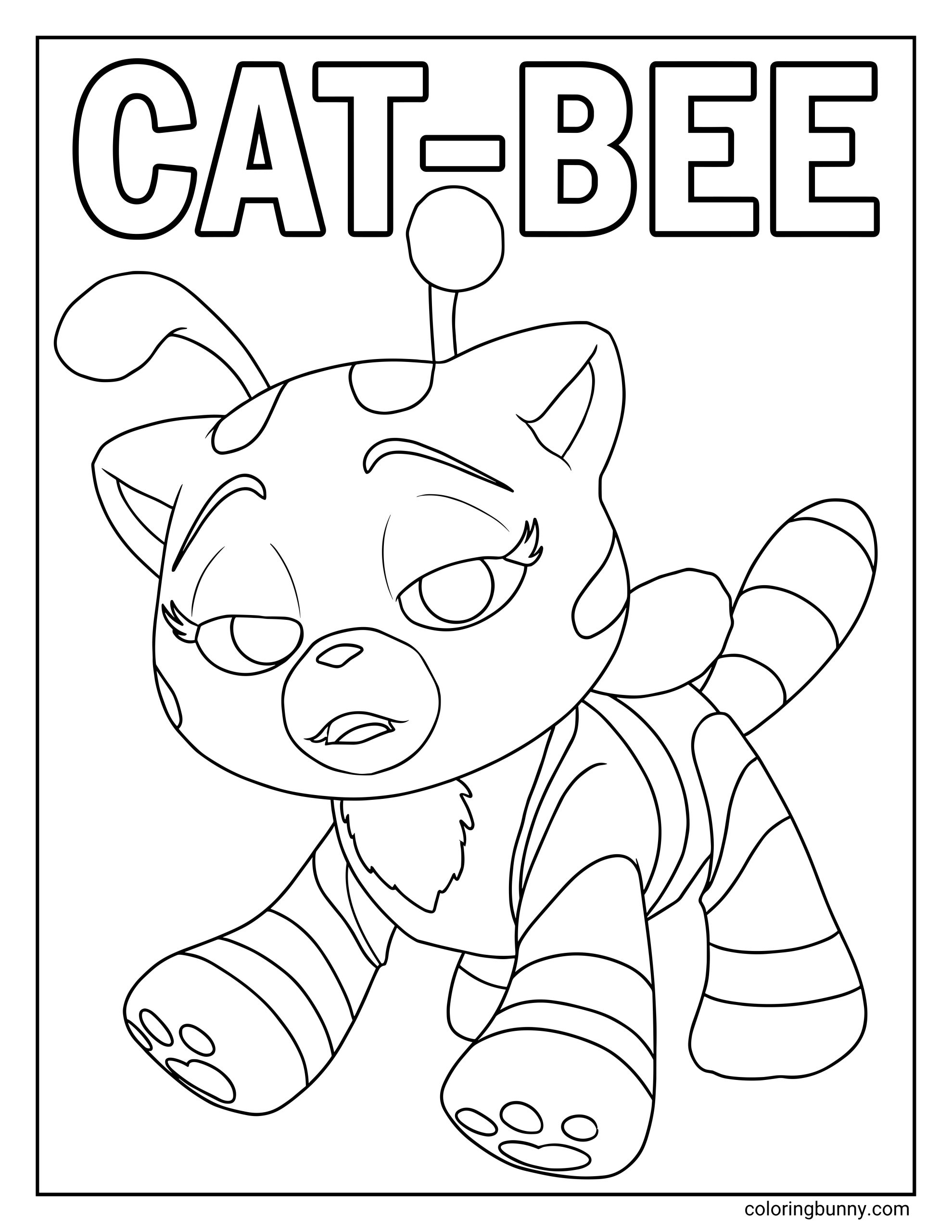 A black and white coloring page of Cat-Bee from Poppy Playtime, featuring a hybrid toy character with a cat’s face, rounded ears, striped bee-like body, small wings, and antennae. The character is shown crawling forward with a slightly grumpy expression, designed as a clean printable coloring sheet for kids and fans of the game.