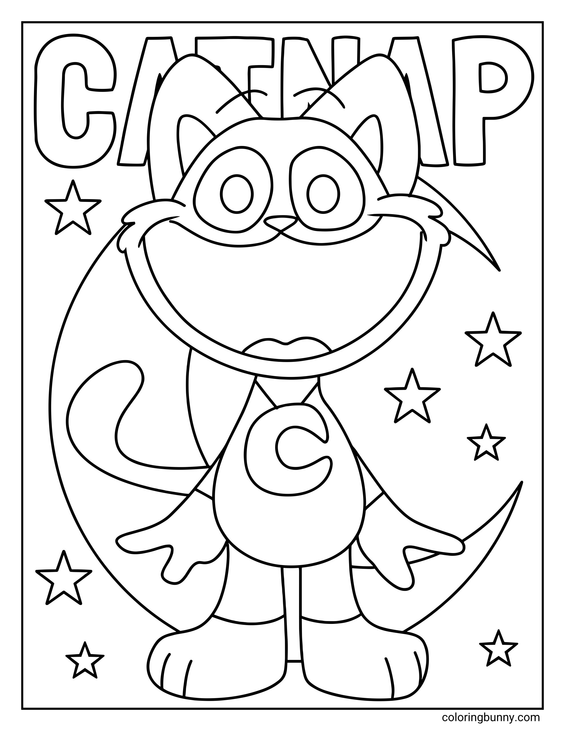 CatNap coloring page featuring the sleepy Smiling Critters cat. This black and white outline for coloring displays the feline mascot with his signature moon pendant standing in front of a giant crescent moon and stars beneath large block letters.