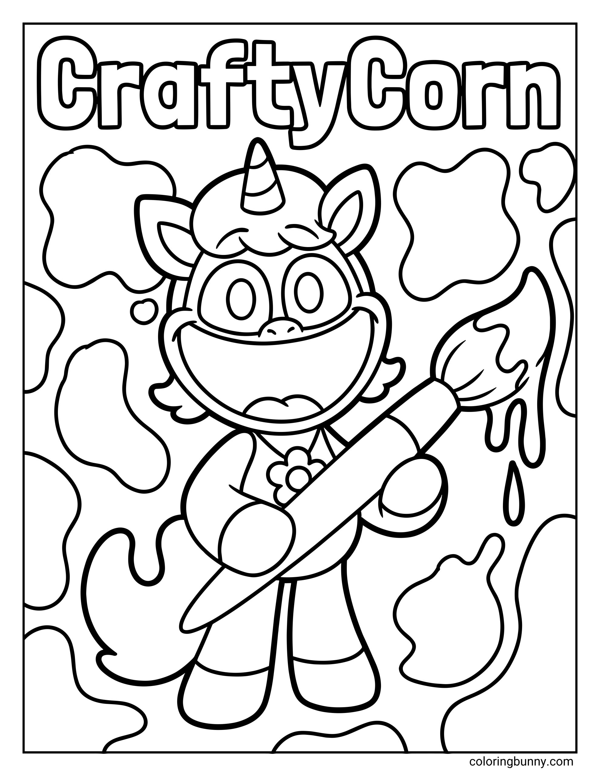 A coloring page of CraftyCorn from Poppy Playtime, showing the smiling unicorn character holding an oversized paintbrush while surrounded by playful splashes and drips, with big expressive eyes and a joyful, creative vibe.