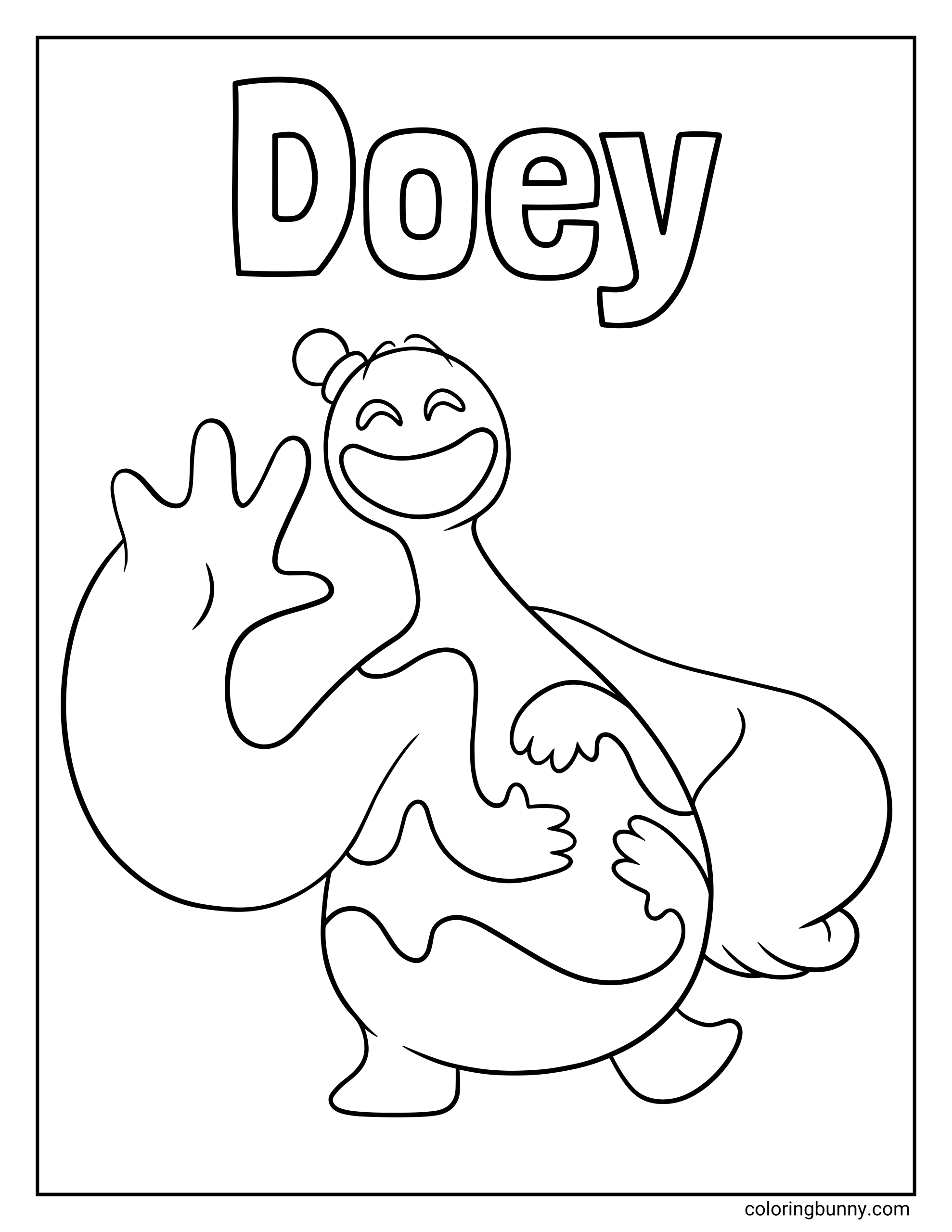 A black and white coloring page of Doey from Poppy Playtime, featuring a soft, gooey-looking character with a wide smiling face, rounded body, and stretchy, flowing arms. The character appears playful and squishy, with one oversized hand raised and the name “Doey” written boldly at the top, designed as a simple printable coloring sheet for kids and fans.